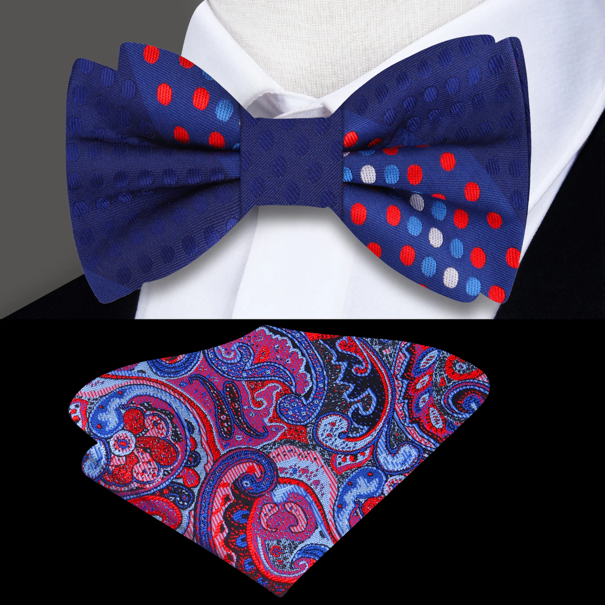 Close-up of the charming polka dot silk bow tie showcasing vibrant colors.