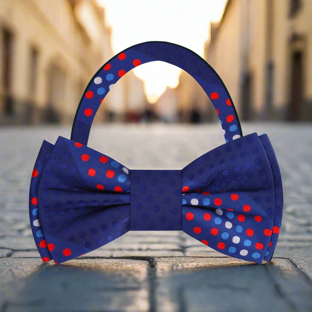 Close-up of the charming polka dot silk bow tie showcasing vibrant colors.