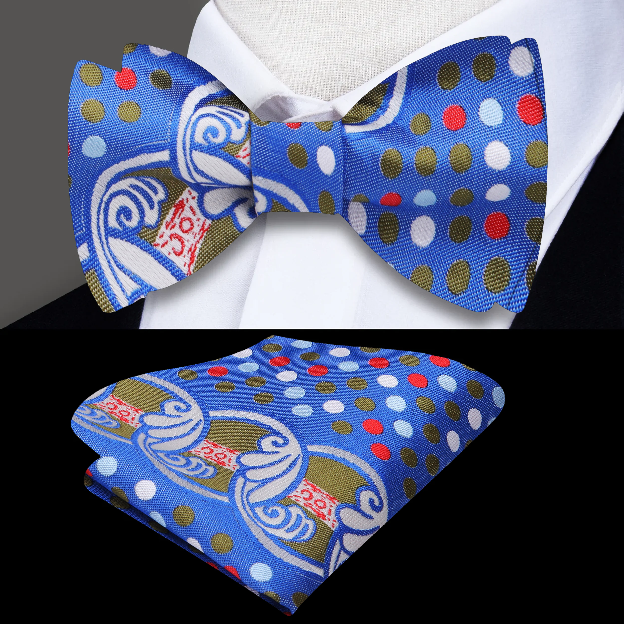 Close-up view of colorful bow tie with playful swirl and dot design
