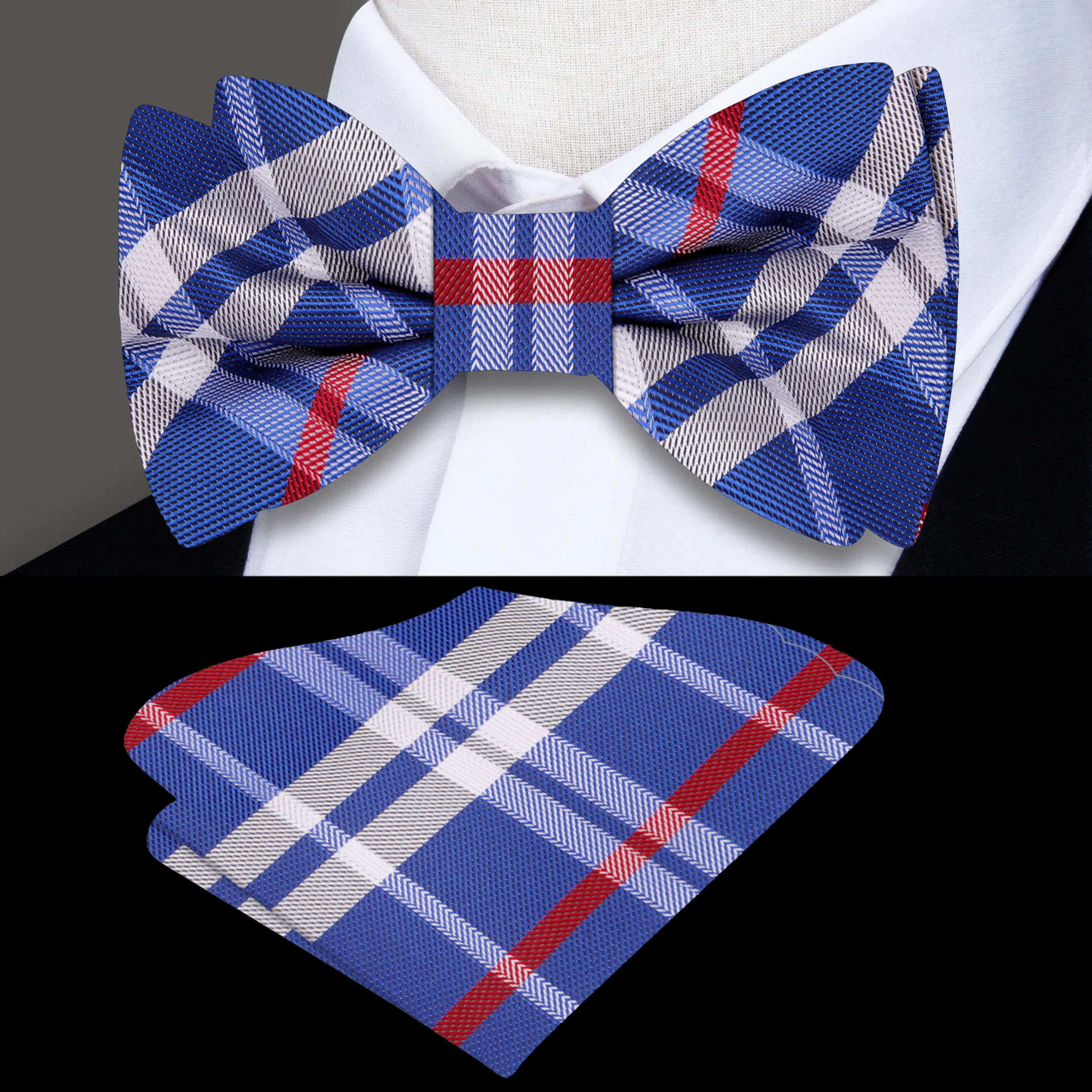 Close-up of the Blue, White, and Red Plaid Silk Bow Tie showcasing its texture and pattern.