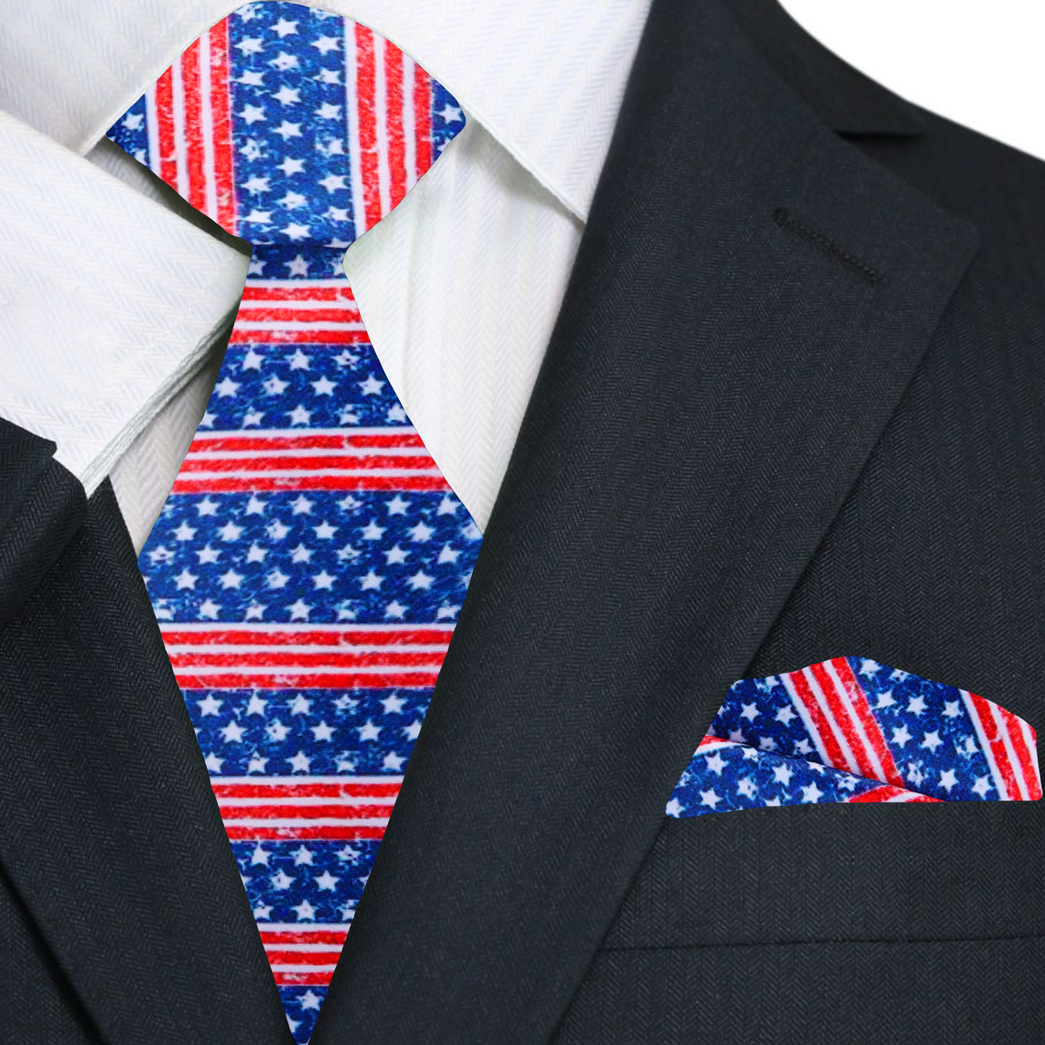 Man wearing a patriotic tie with a navy suit during a political rally