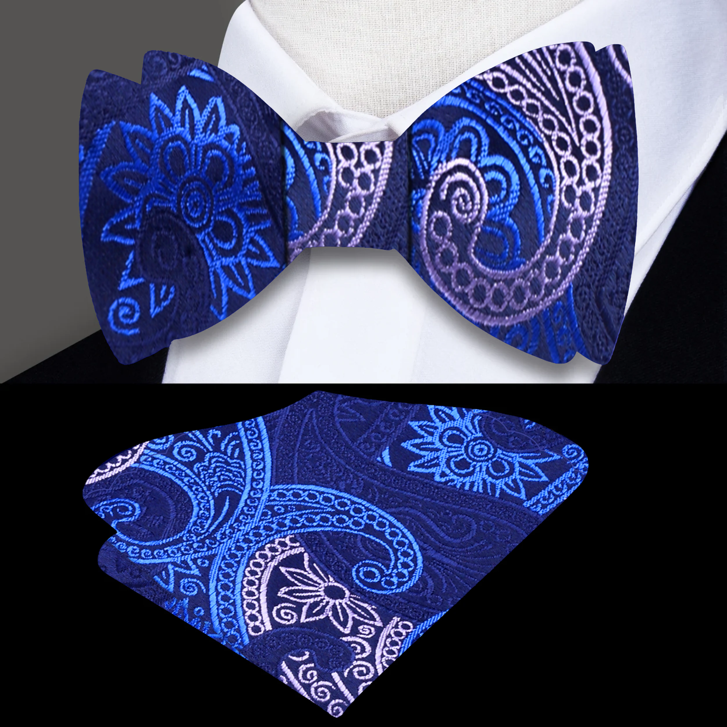 Front view of a stylish paisley bow tie in blue and yellow for men