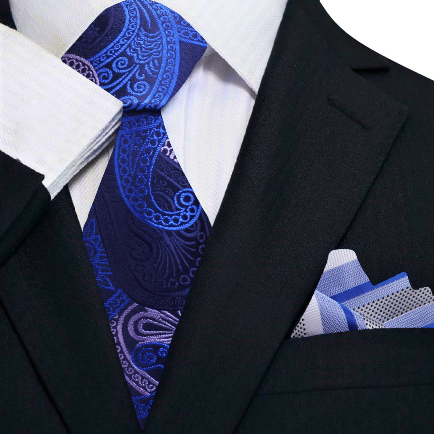 Man wearing the blue paisley tie at a wedding, perfectly paired with a navy suit.