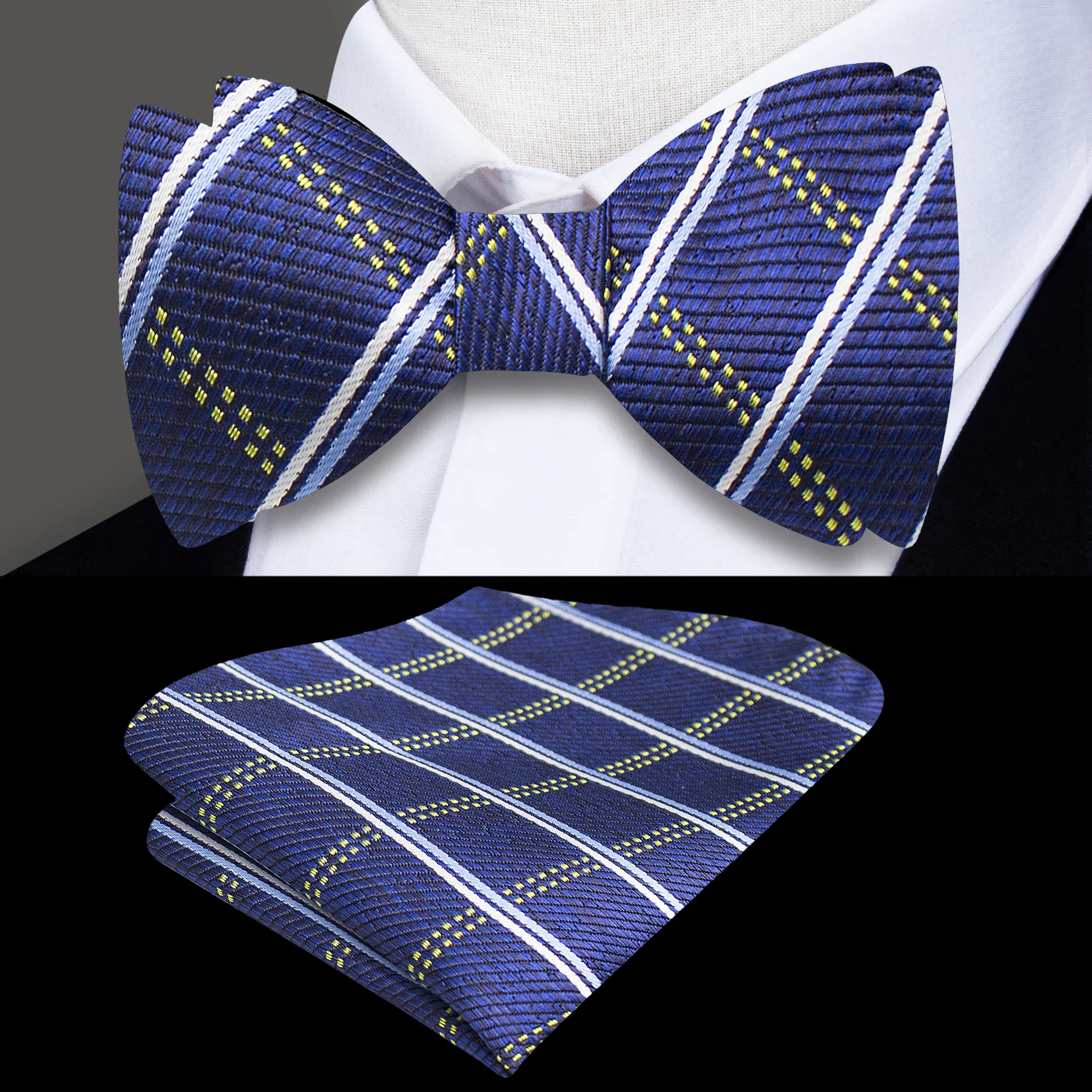 Elegant Grey and Lavender Plaid Silk Bow Tie displayed on a white dress shirt.