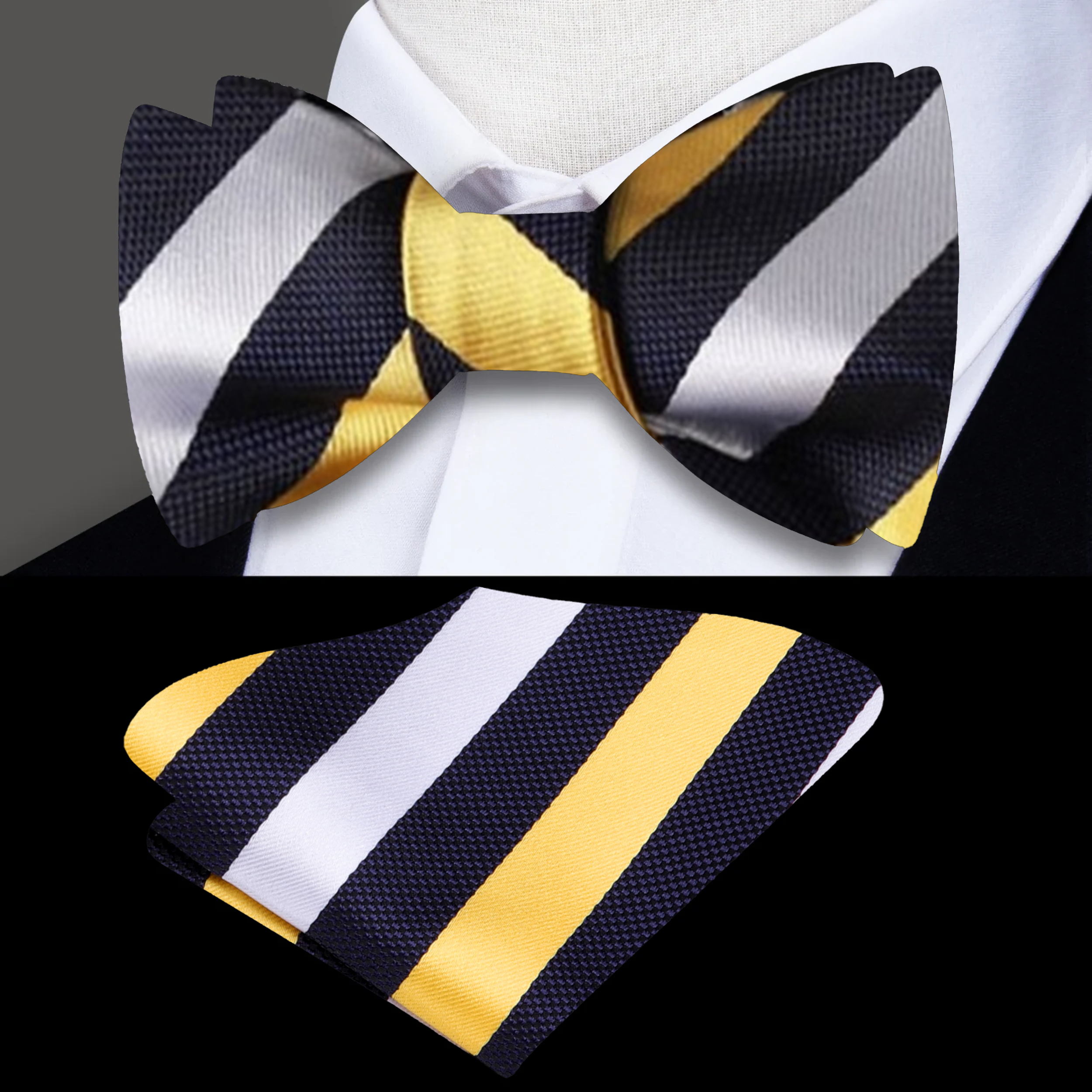 Close-up of a purple and gold stripe bow tie on a mannequin, showcasing detailed silk fabric and vibrant colors.