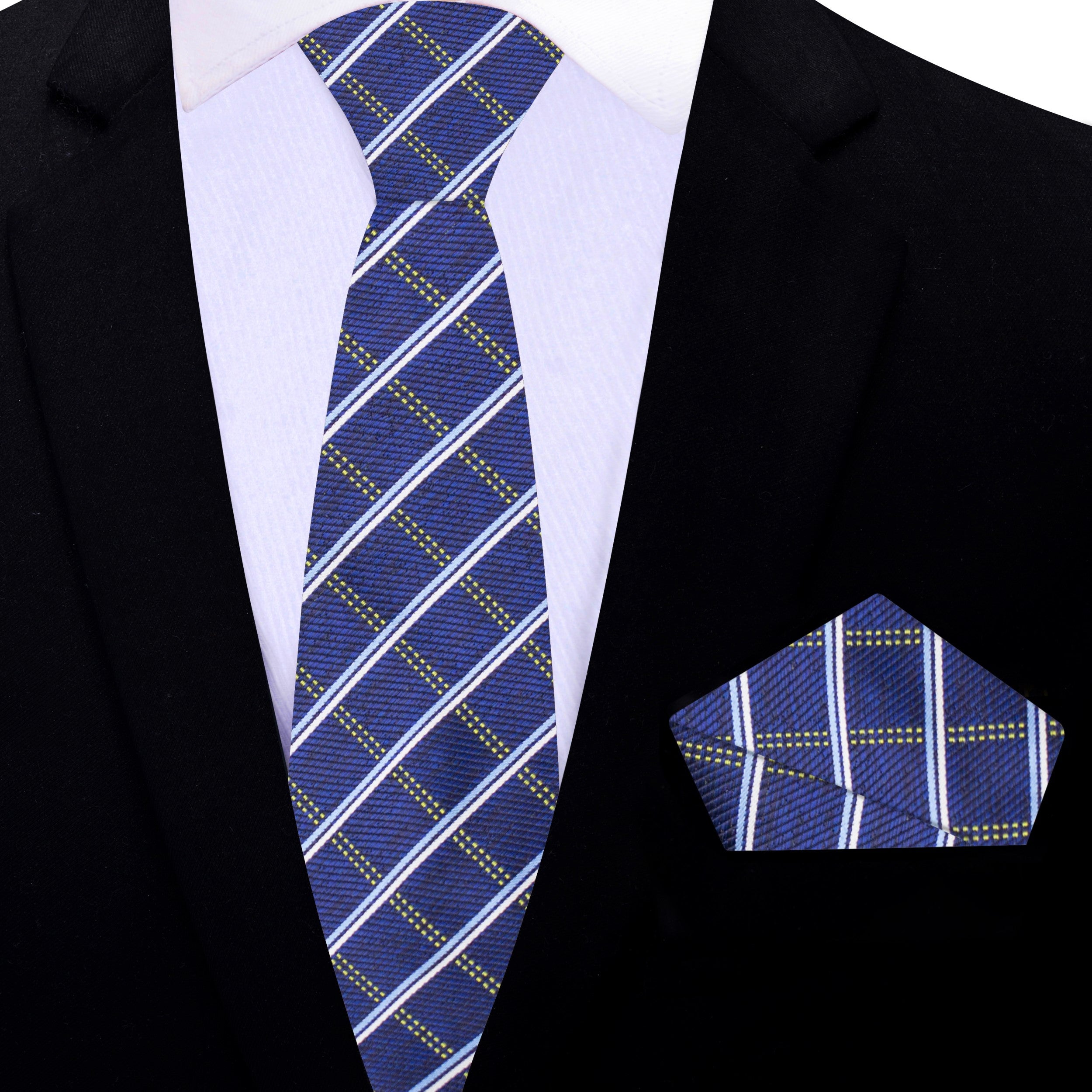 Close-up of a blue plaid silk necktie with detailed pattern, perfect for casual or professional outfits