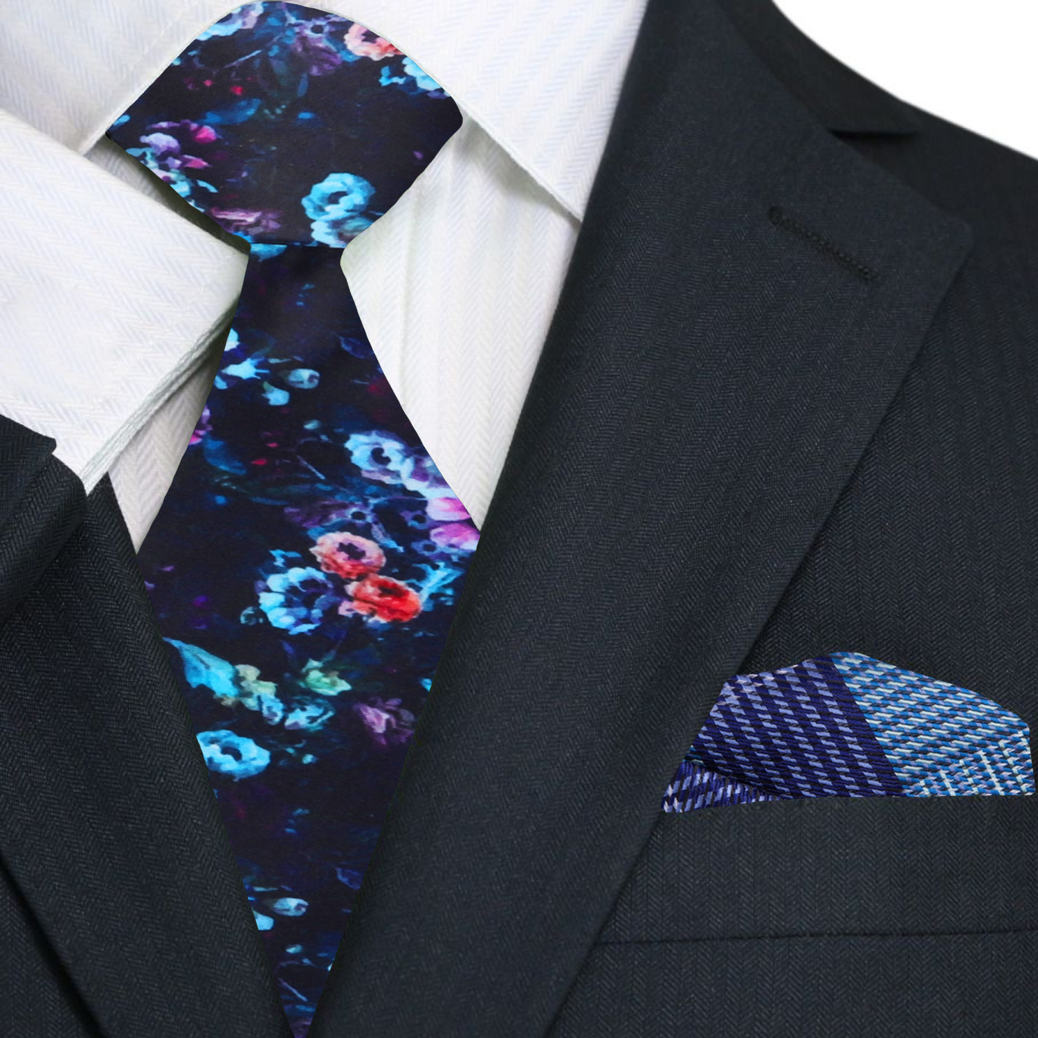 Close-up view of the artistic floral silk tie, highlighting the oil painting-style details and luxurious silk fabric.