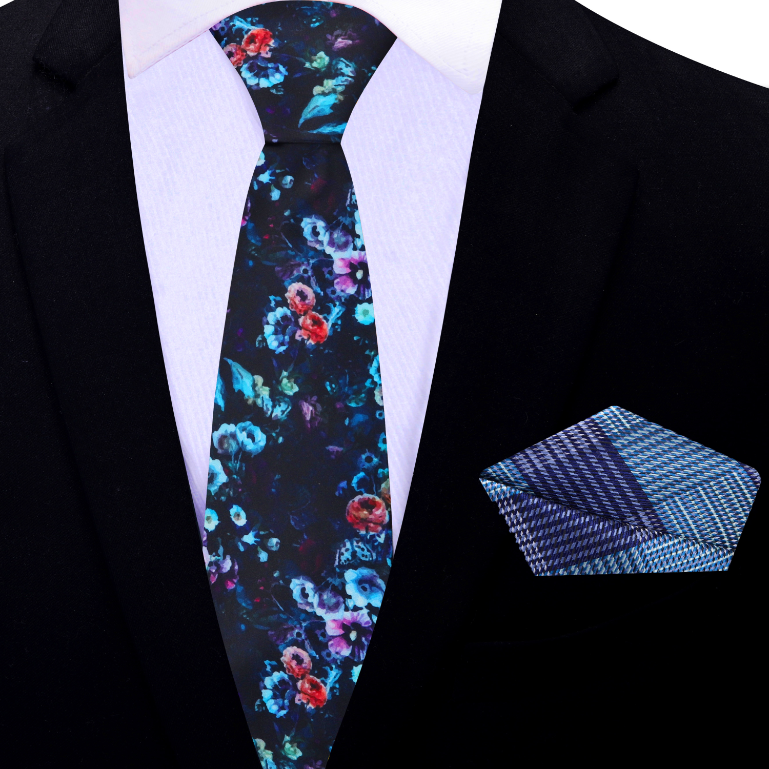 Model wearing the floral tie with a navy suit and white dress shirt, perfect for formal events.
