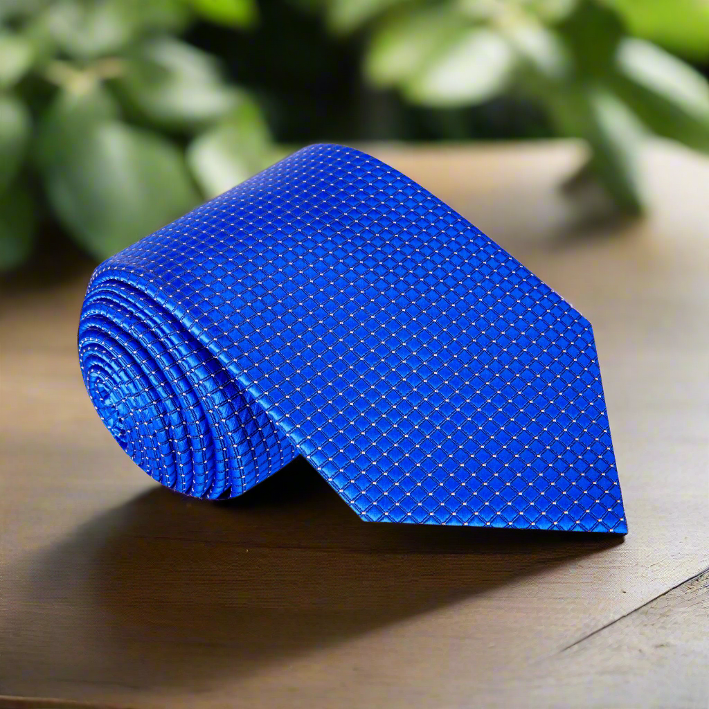 Close-up of a blue checkered men's necktie with subtle pattern