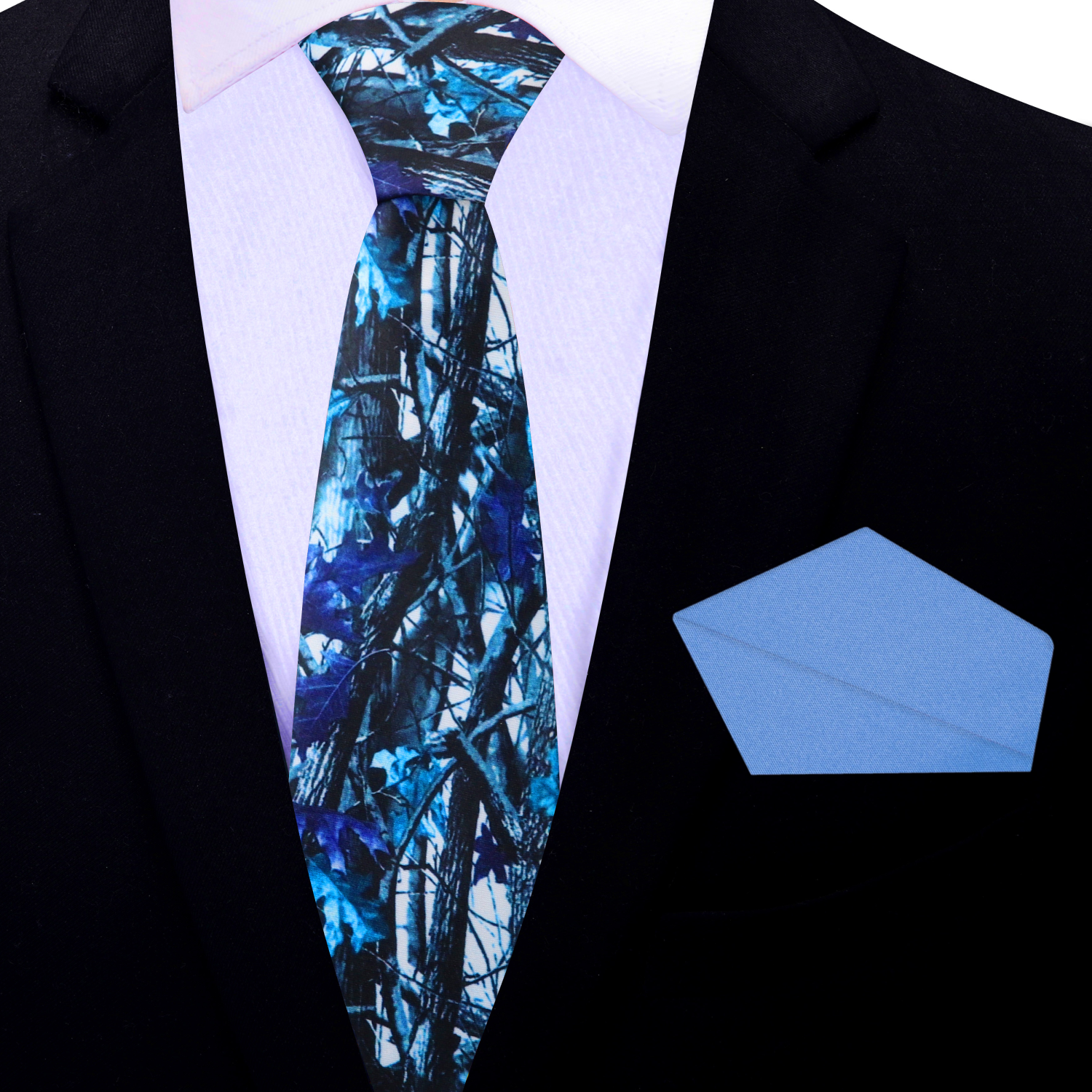 Top-down view of white and blue silk tie in camouflage pattern, perfect necktie for outdoor weddings