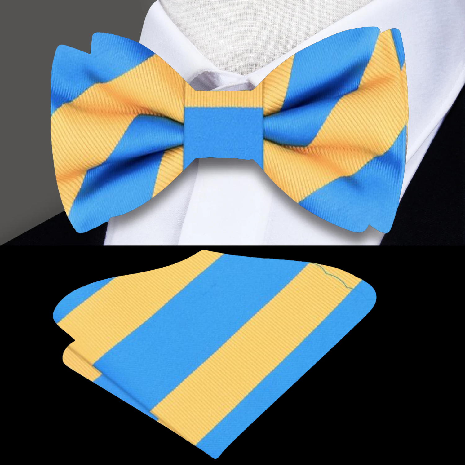 Stylish silk stripe bow tie paired with a crisp white dress shirt and navy blazer