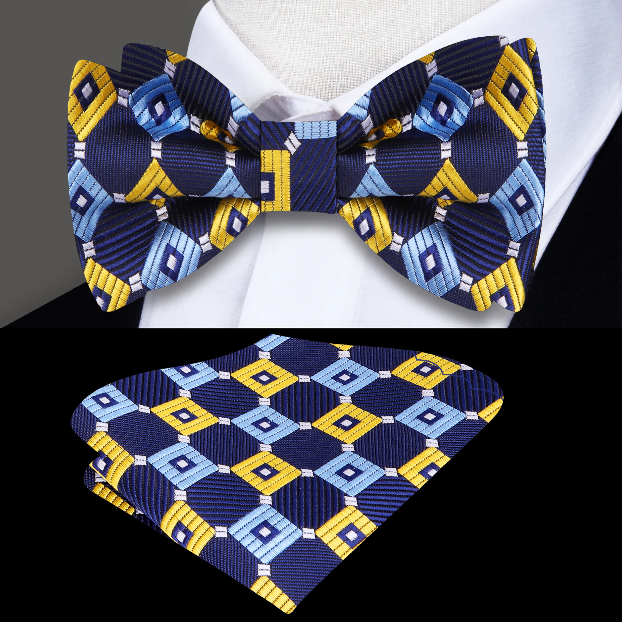 Front view of a vibrant geometric silk bow tie on a model