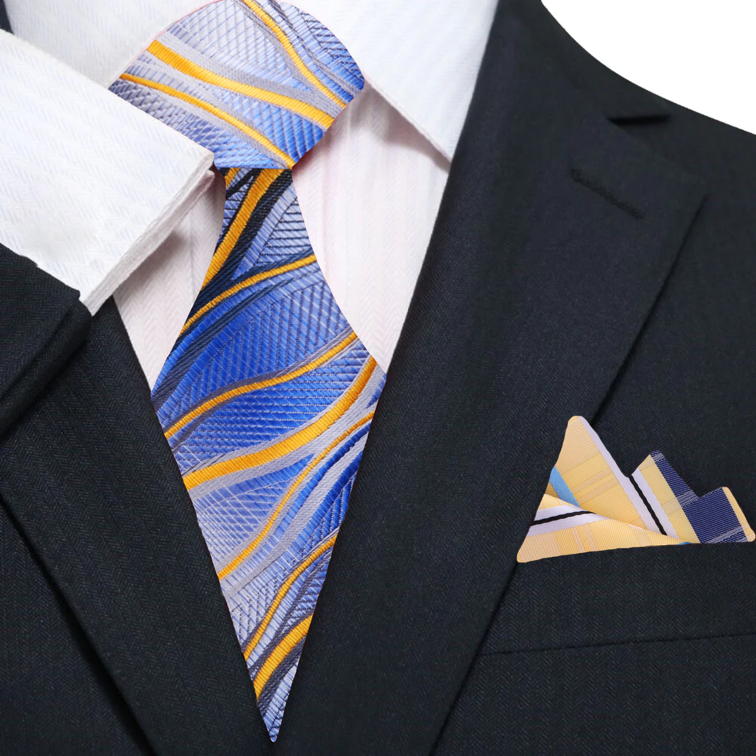 Styled outfit showcasing the Caribbean Lightning silk tie paired with a white shirt