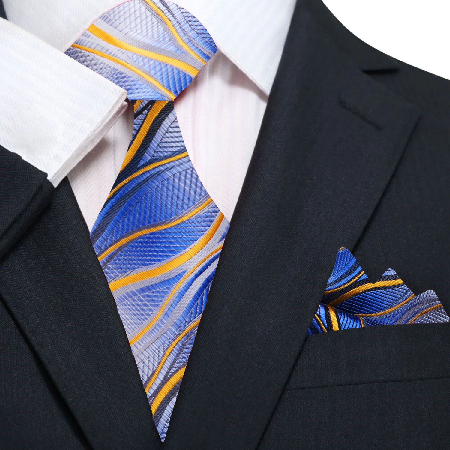Vibrant silk necktie with lightning stripes in blue and yellow, suitable for weddings and business meetings