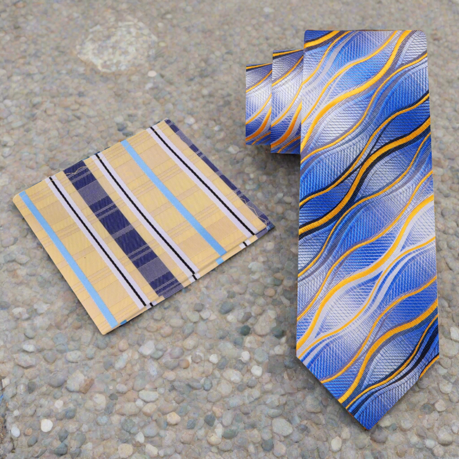 Close-up of the abstract wavy line pattern on the silk necktie