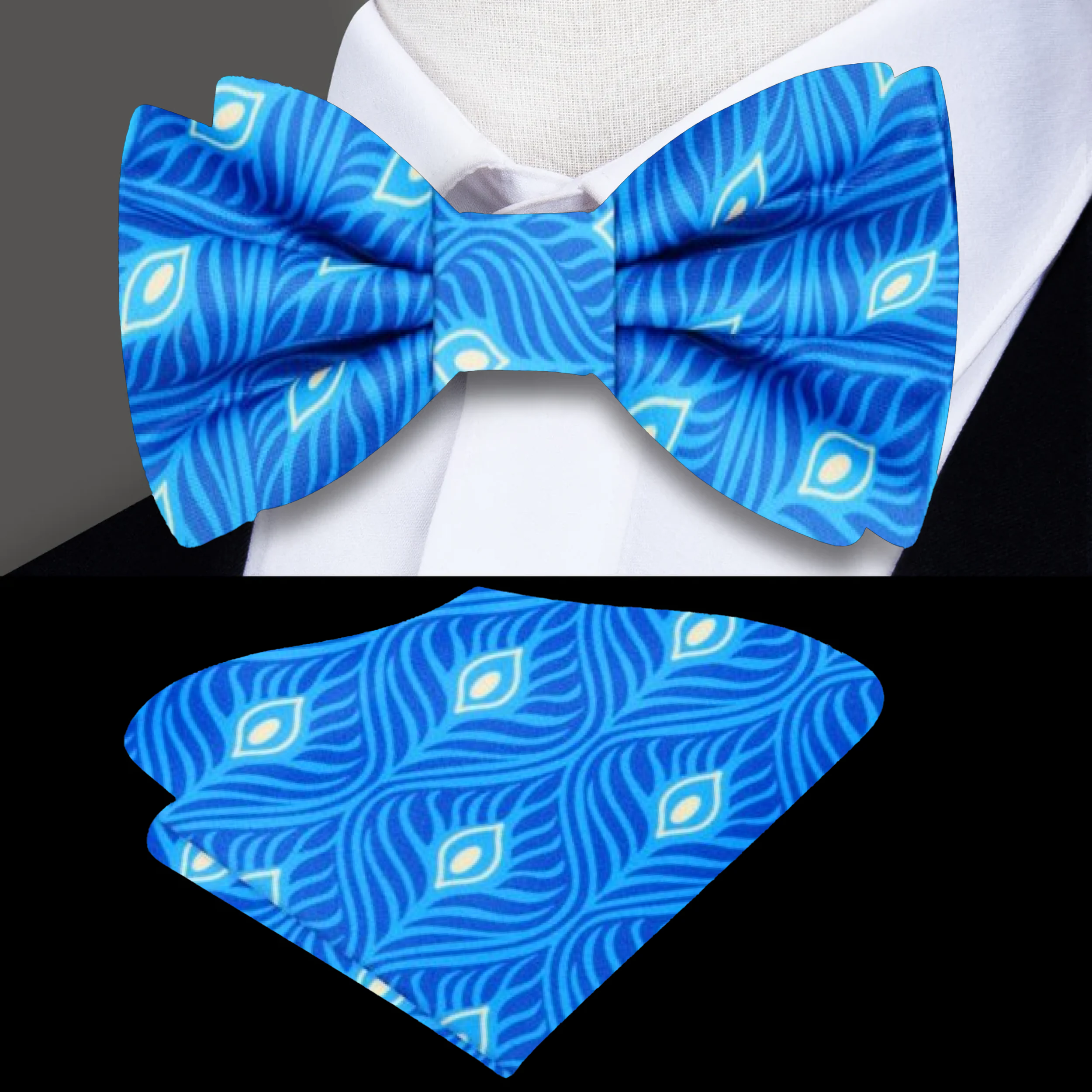 Groom wearing formal peacock bow tie for wedding, stylish and sophisticated