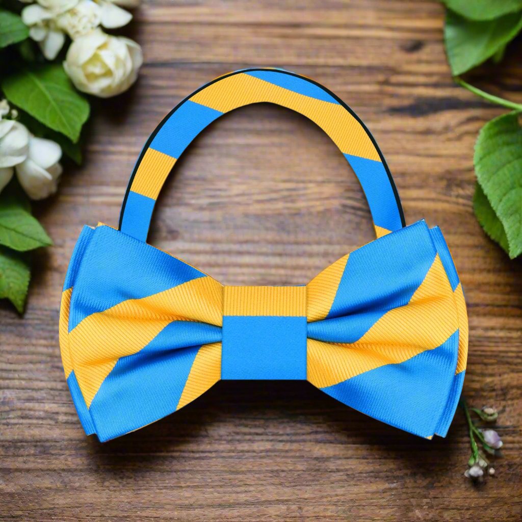 Close-up of a vibrant silk stripe bow tie with matching pocket square for formal occasions