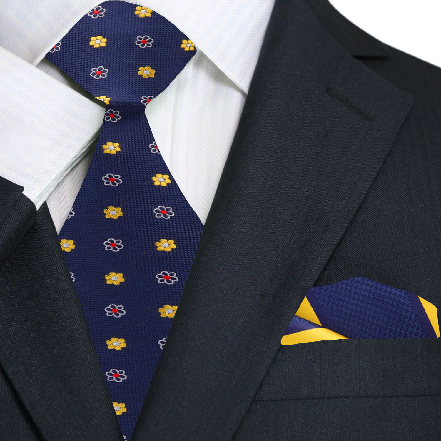 Elegant Blue Floral Silk Necktie paired with a crisp white dress shirt for a formal look.