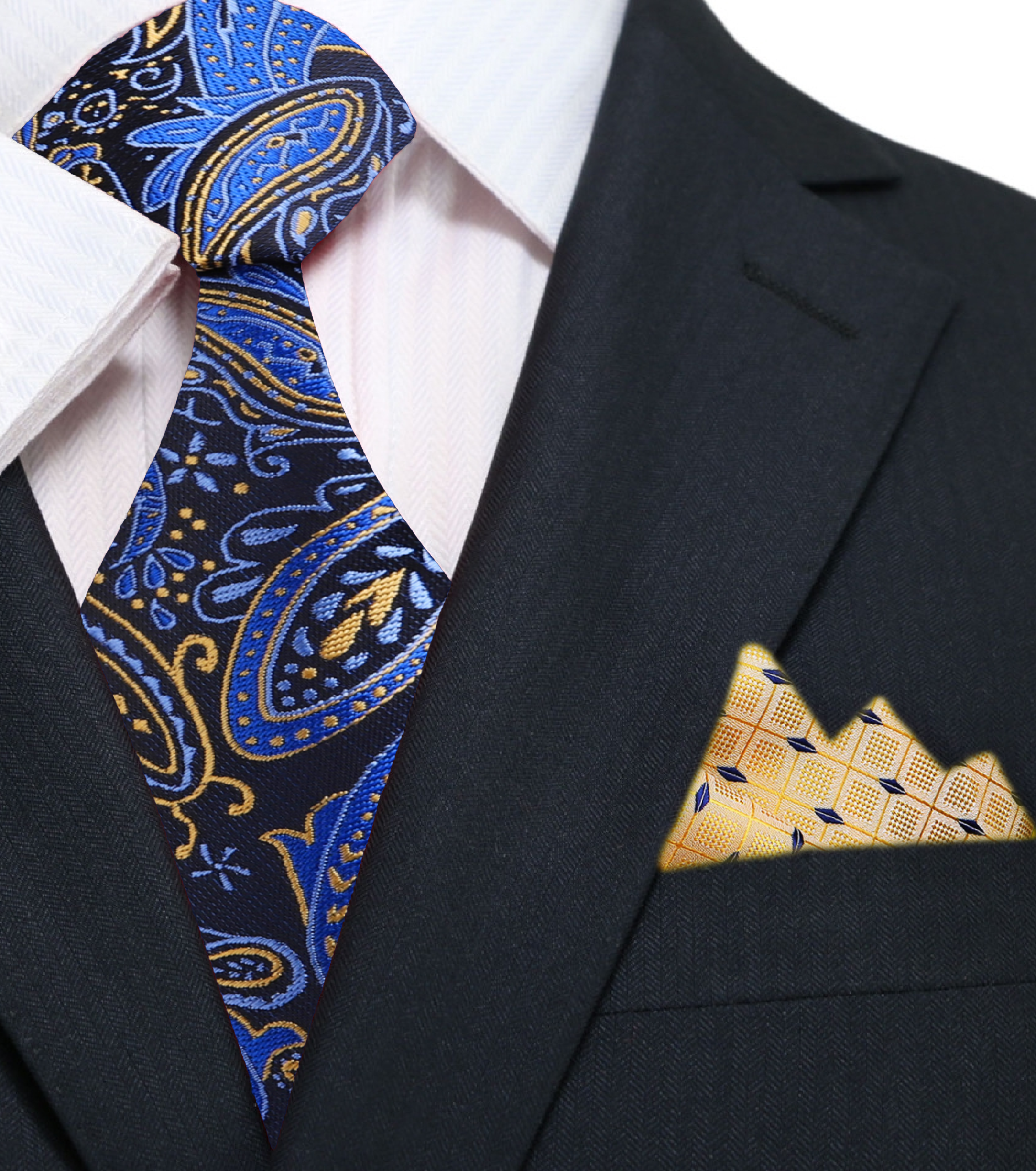 Man wearing elegant silk necktie with matching pocket square at a formal wedding event.