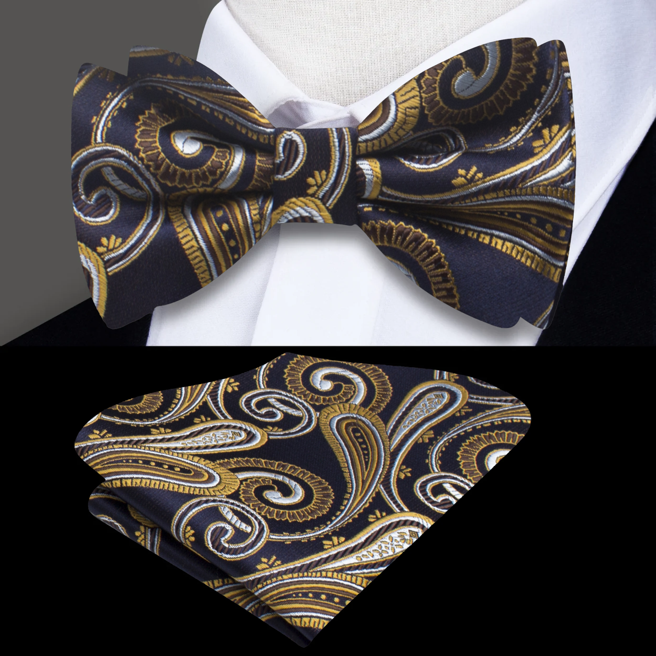 Man wearing the dark blue paisley bow tie with a crisp white dress shirt at a wedding.