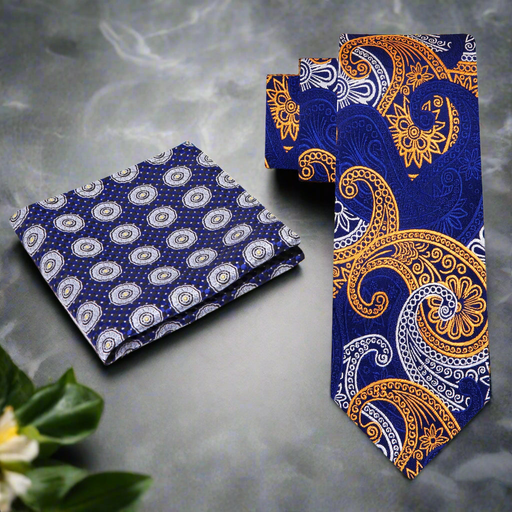 Detailed view of a vibrant paisley pattern on a silk tie, perfect for sophisticated attire