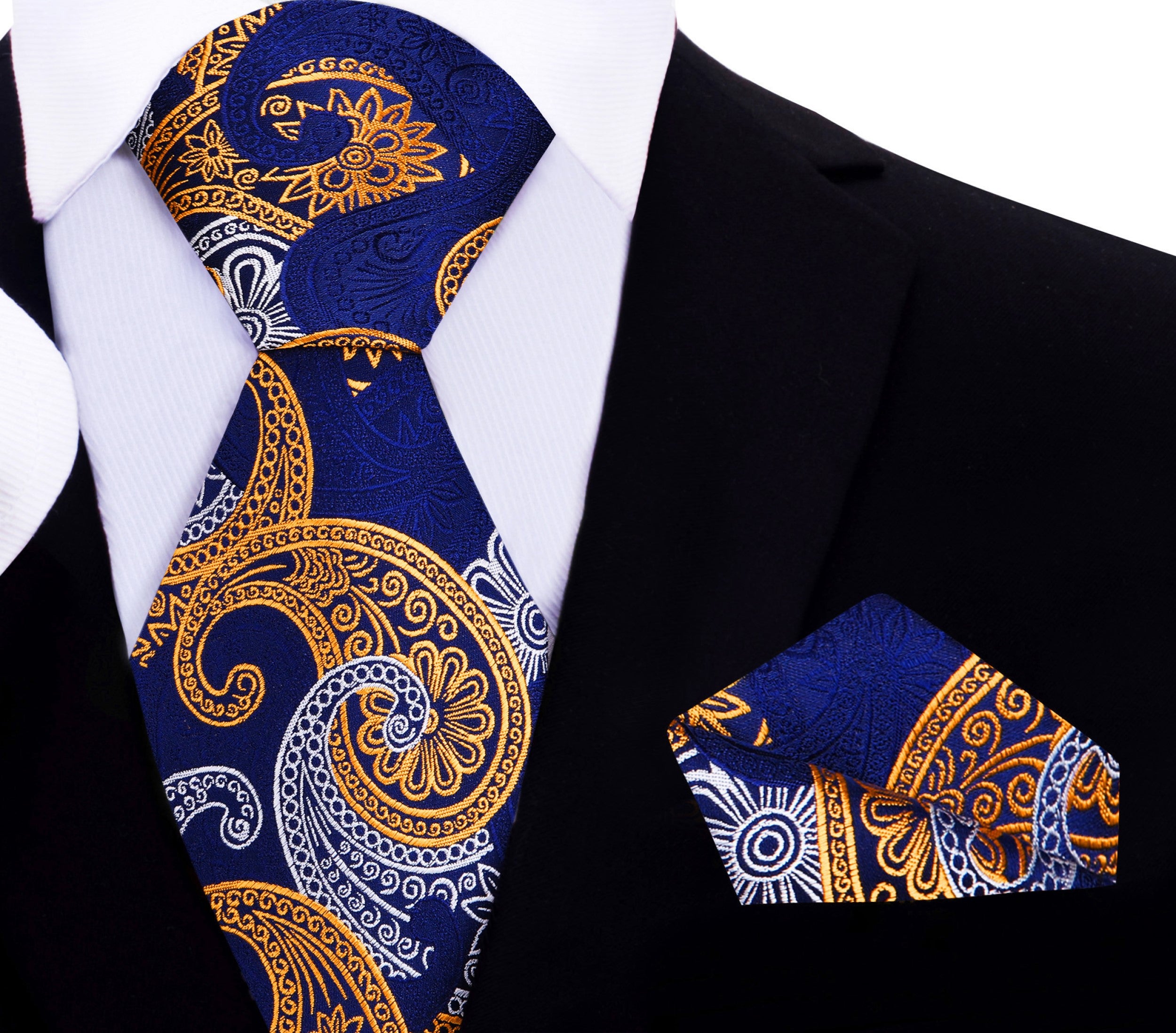 Close-up of a blue silk paisley tie with intricate gold and white pattern, suitable for formal events