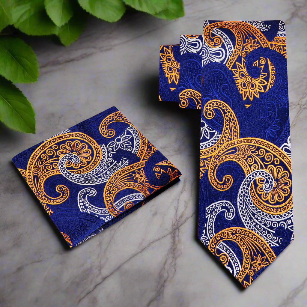 Detailed view of a vibrant paisley pattern on a silk tie, perfect for sophisticated attire