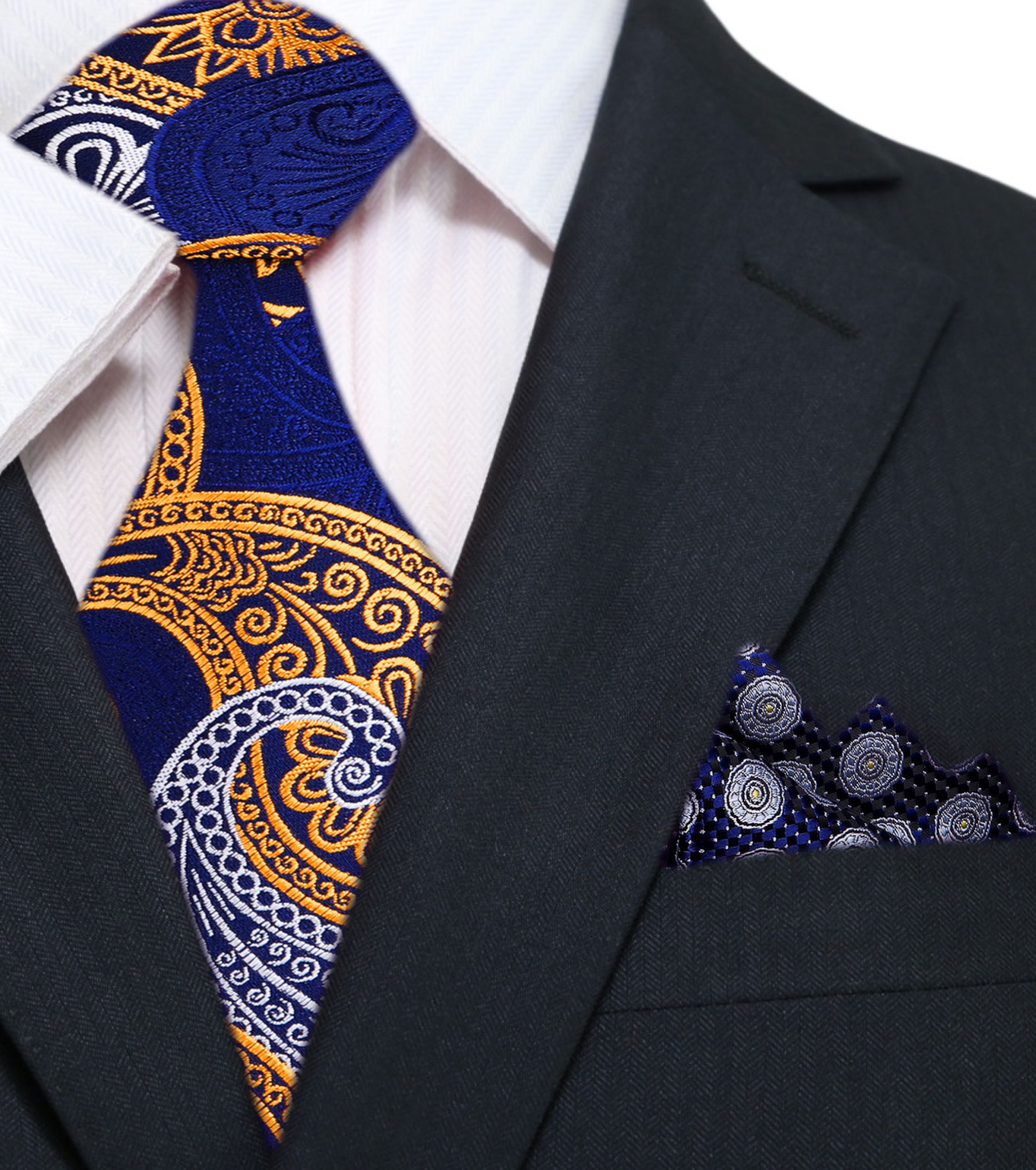 Man wearing an elegant paisley necktie paired with a crisp white shirt at a wedding