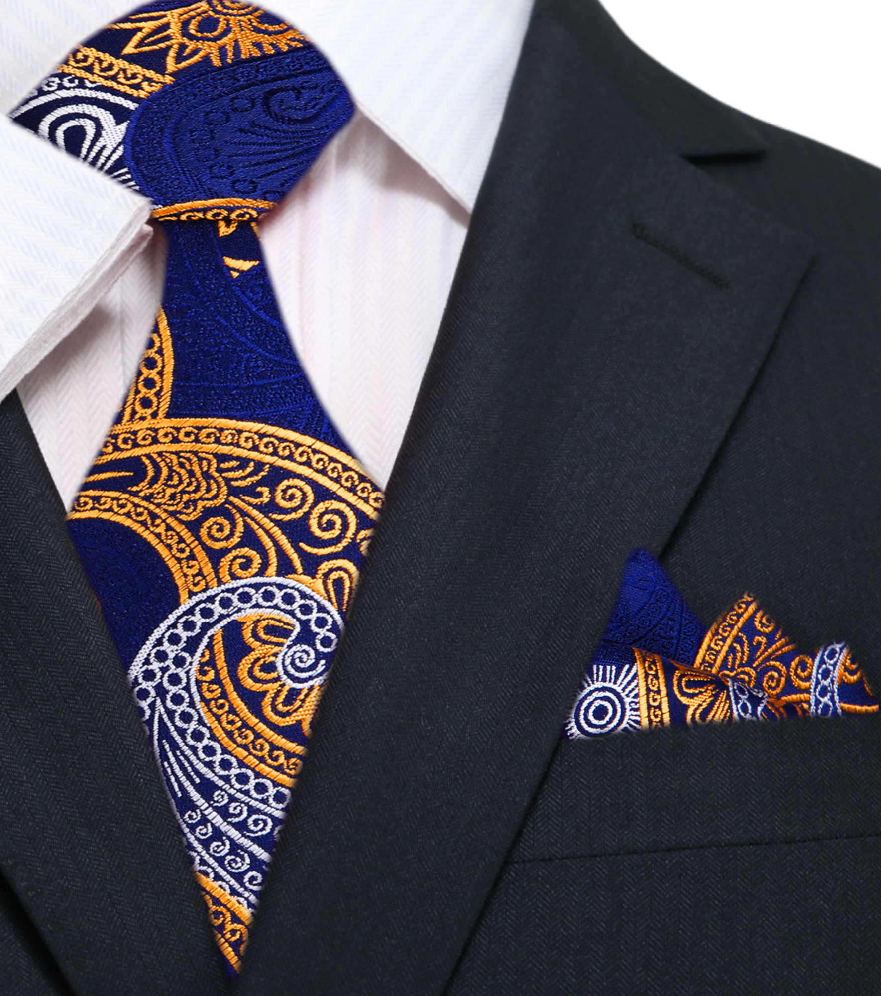 Man wearing a paisley silk tie with navy suit for formal event