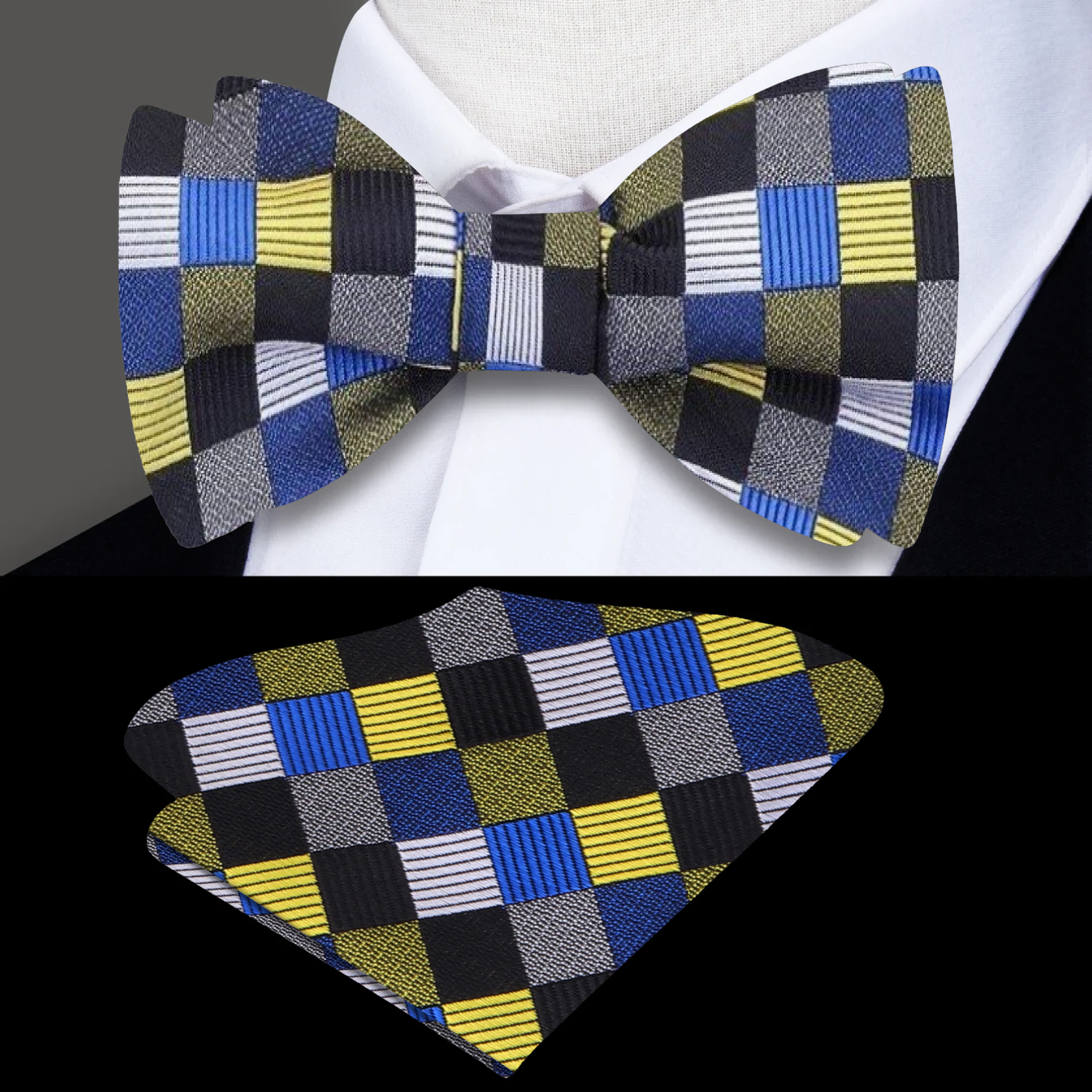 Close-up of the textured fabric and pattern of a silk bow tie