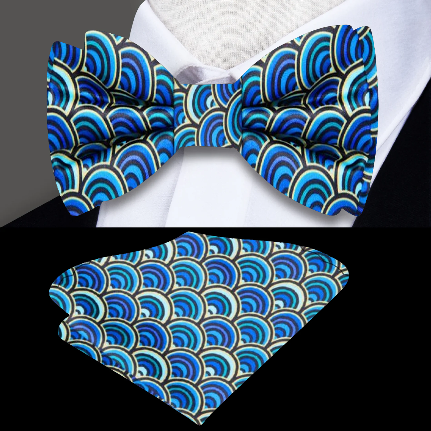 Geometric bow tie styled with a light blue dress shirt at a garden party.