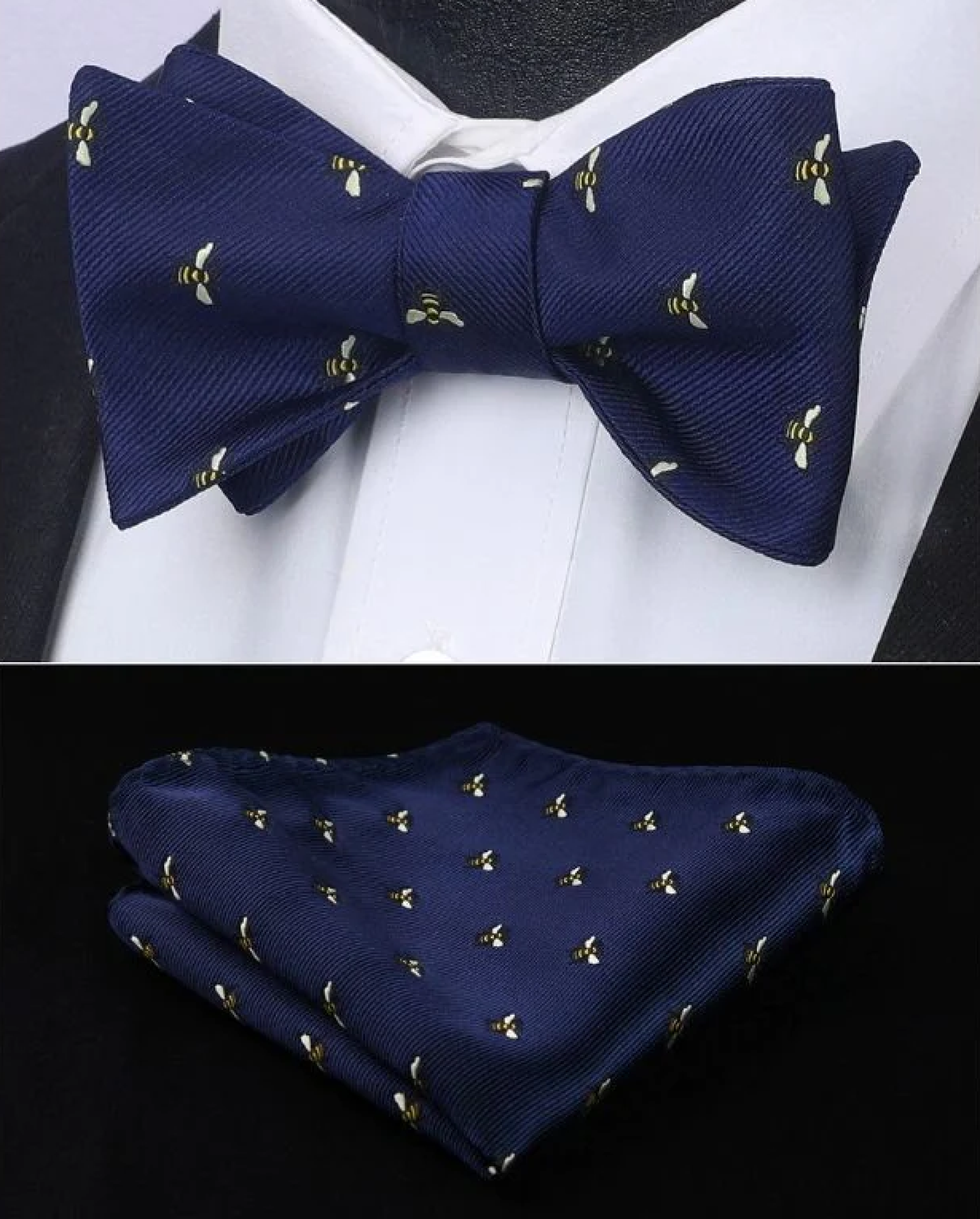 Blue silk bow tie with honey bee pattern, front view, perfect for weddings