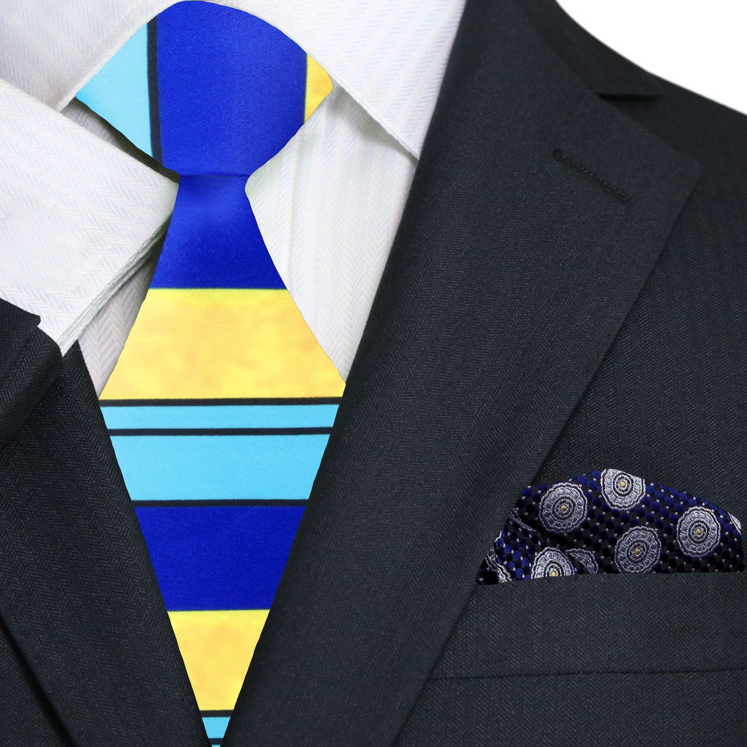 Close-up of the silk ties fabric, highlighting the light blue, yellow, and black horizontal stripes.