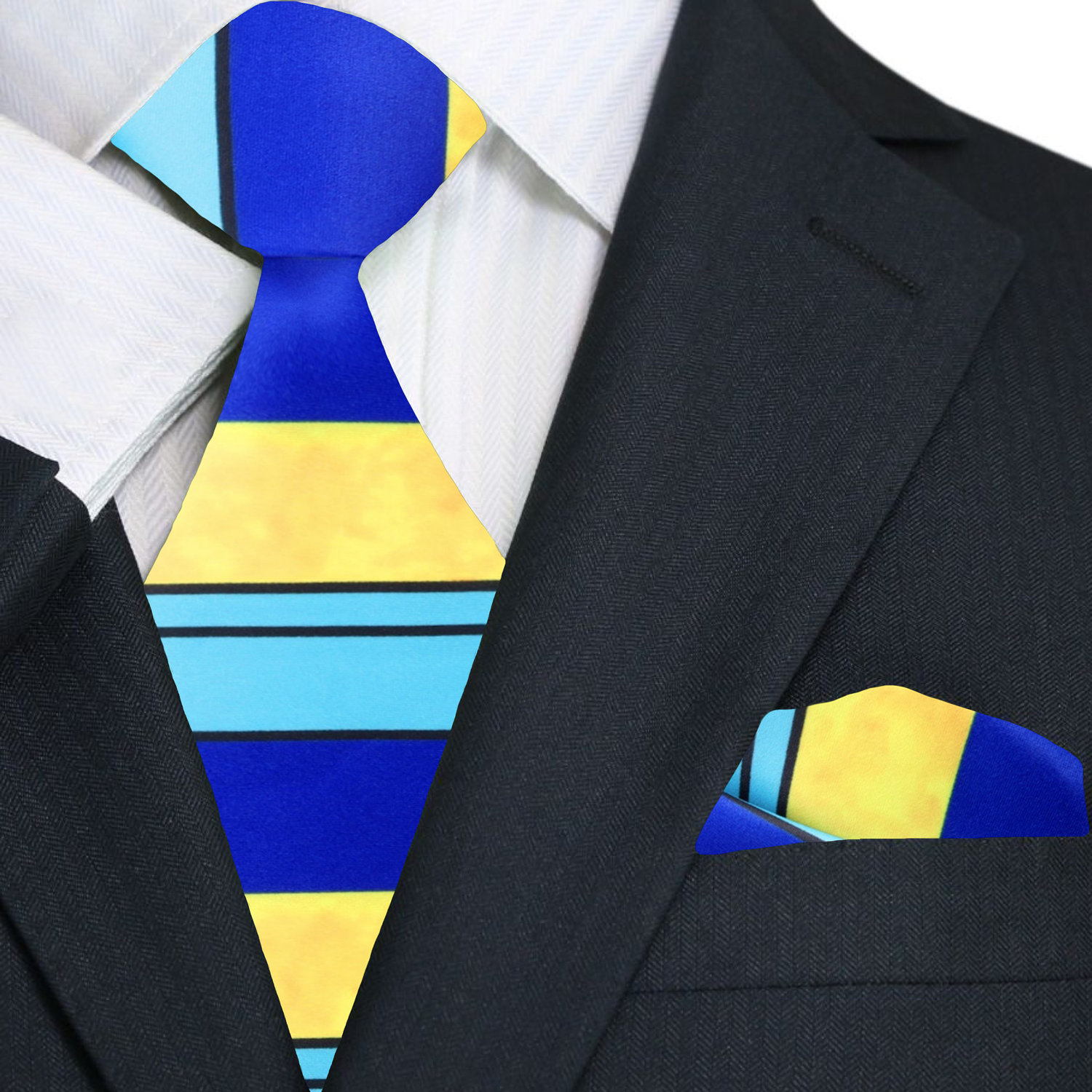 Elegant silk tie and pocket square set displayed on a wooden surface, showcasing the intricate stripe pattern.