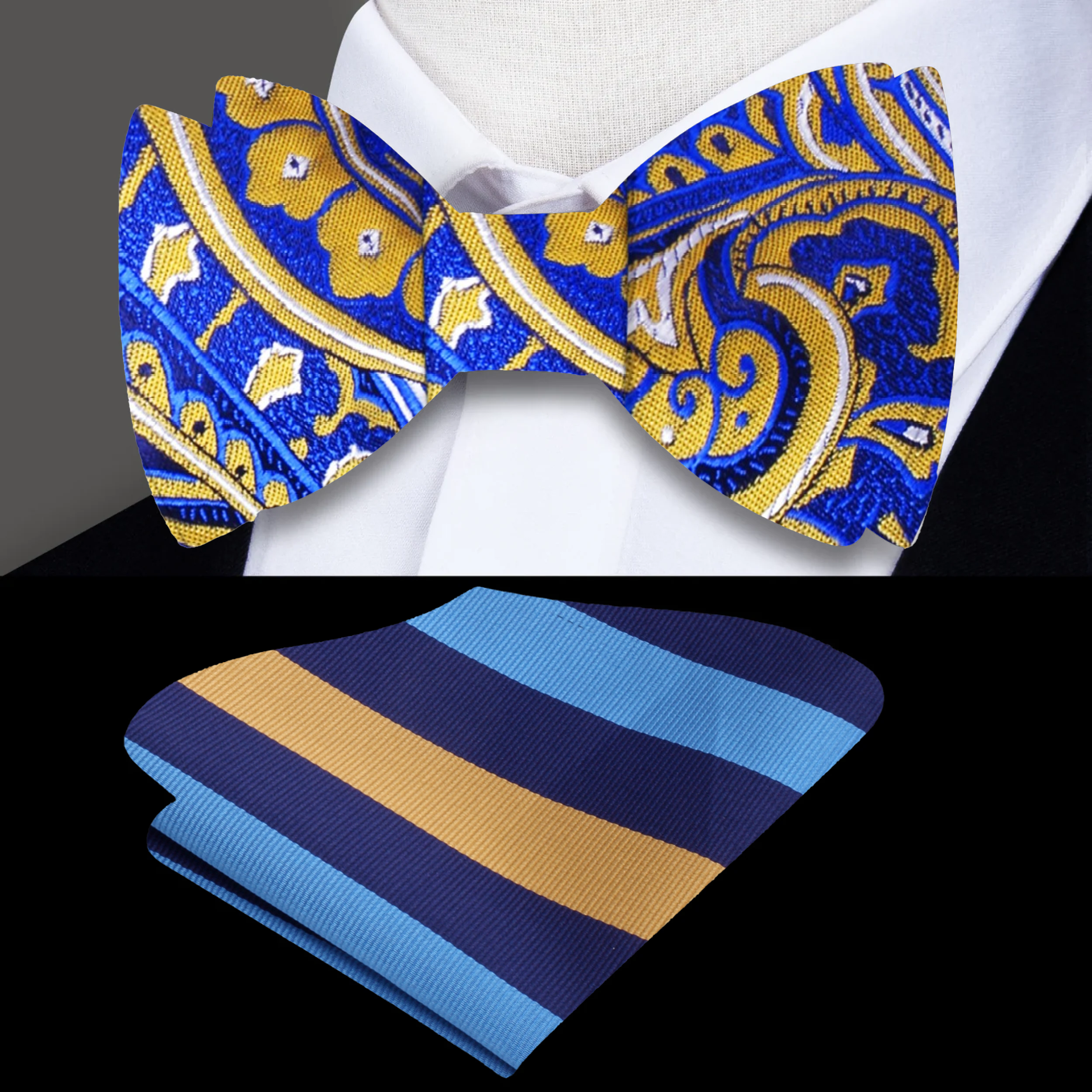 Man wearing self-tie silk bow tie with matching pocket square at wedding