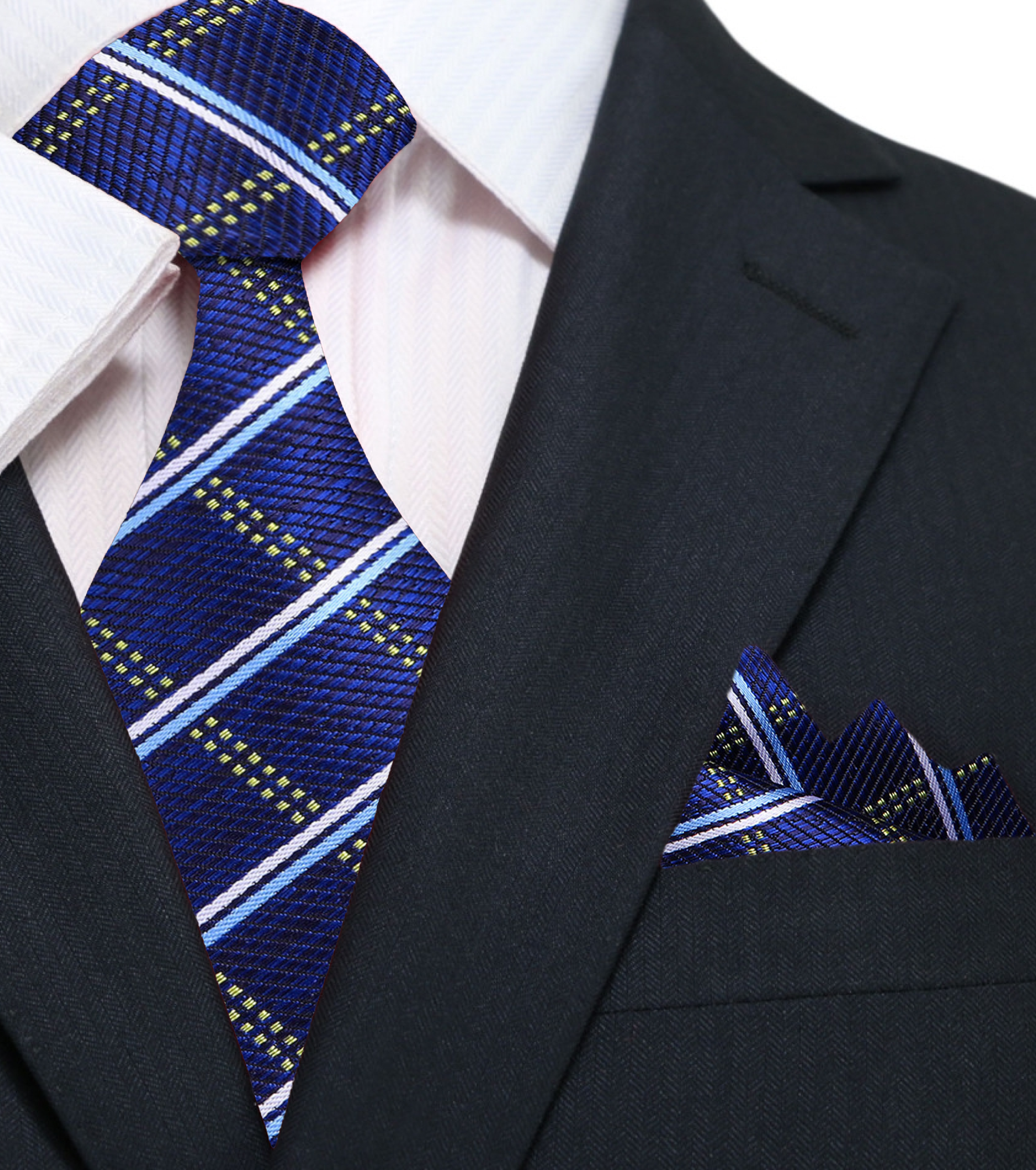Close-up of the plaid pattern on the silk tie showing intricate details.
