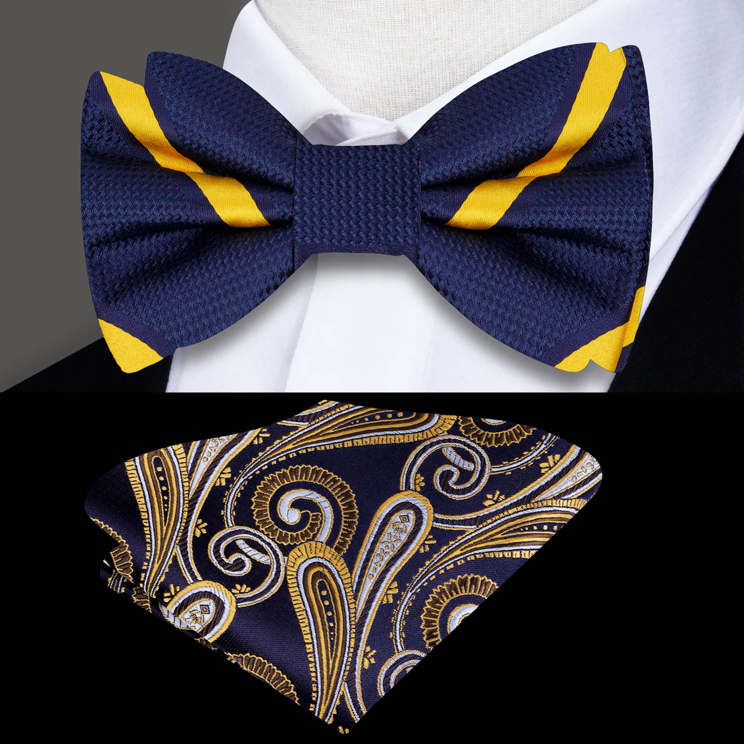 Front view of Michigan Stripe Bow Tie in deep blue silk with yellow stripes, ideal for formal wear
