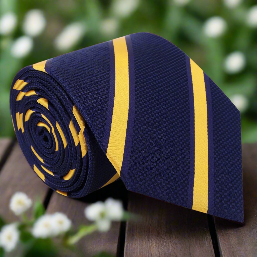 Close-up of blue and yellow striped microfiber necktie with bold pattern for formal occasions