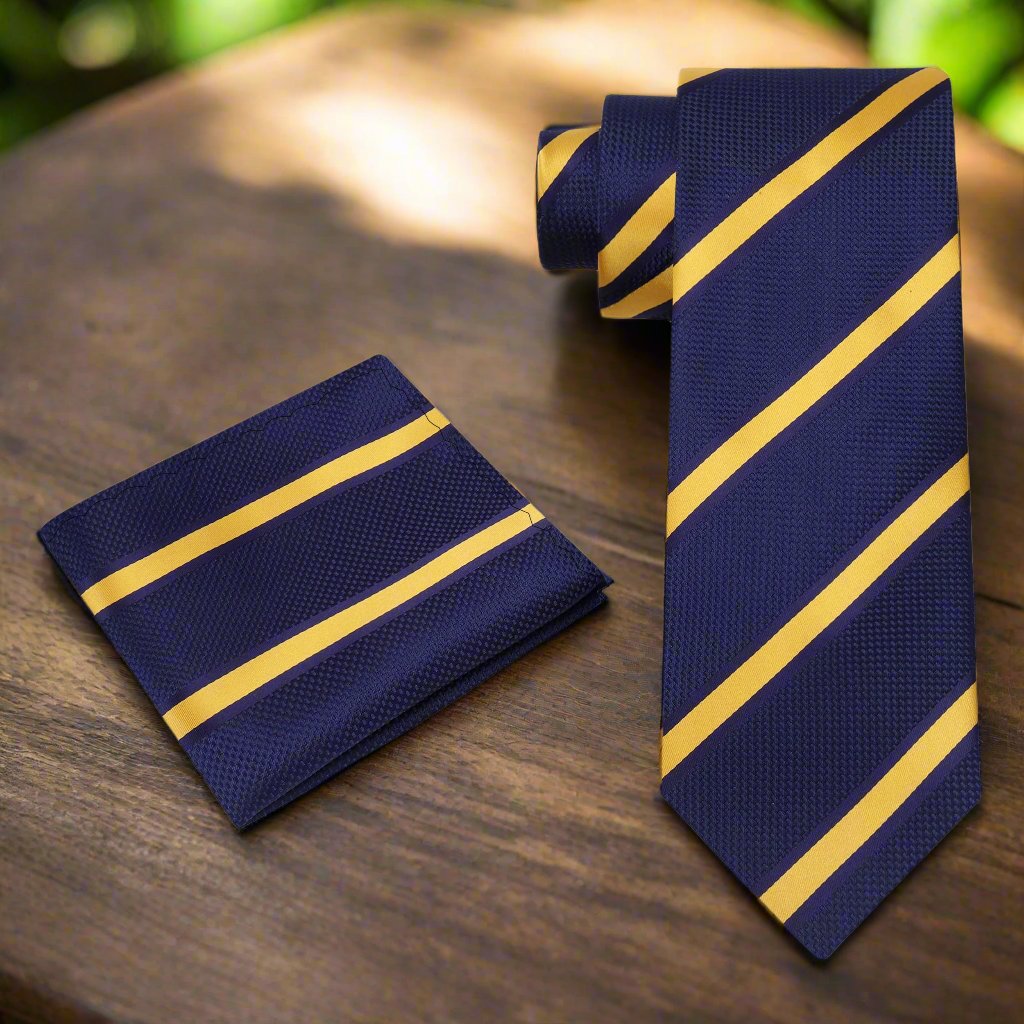 Close-up of mens stripe tie in navy blue and yellow, suitable for business wear