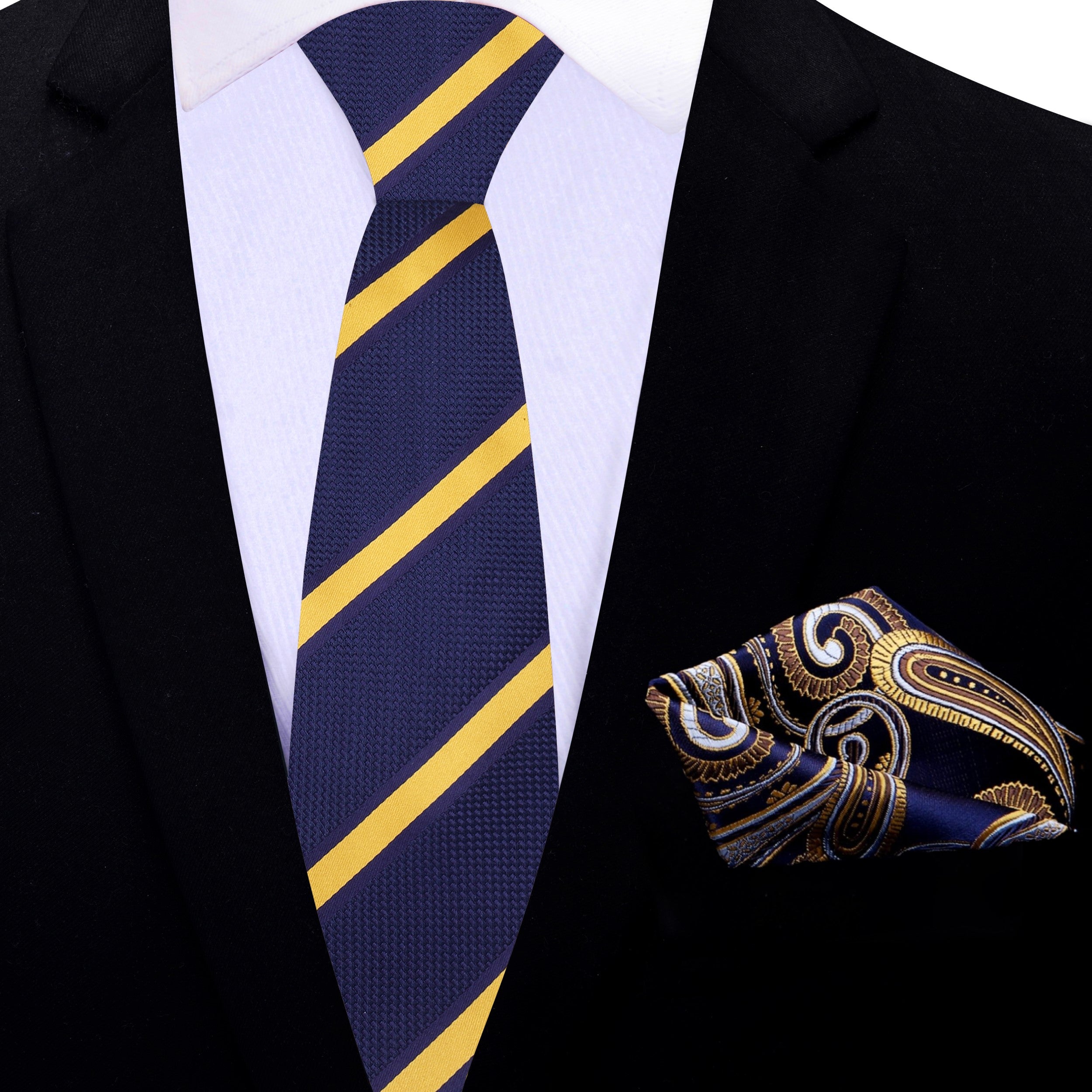 Close-up of blue and yellow striped microfiber necktie with bold pattern for formal occasions