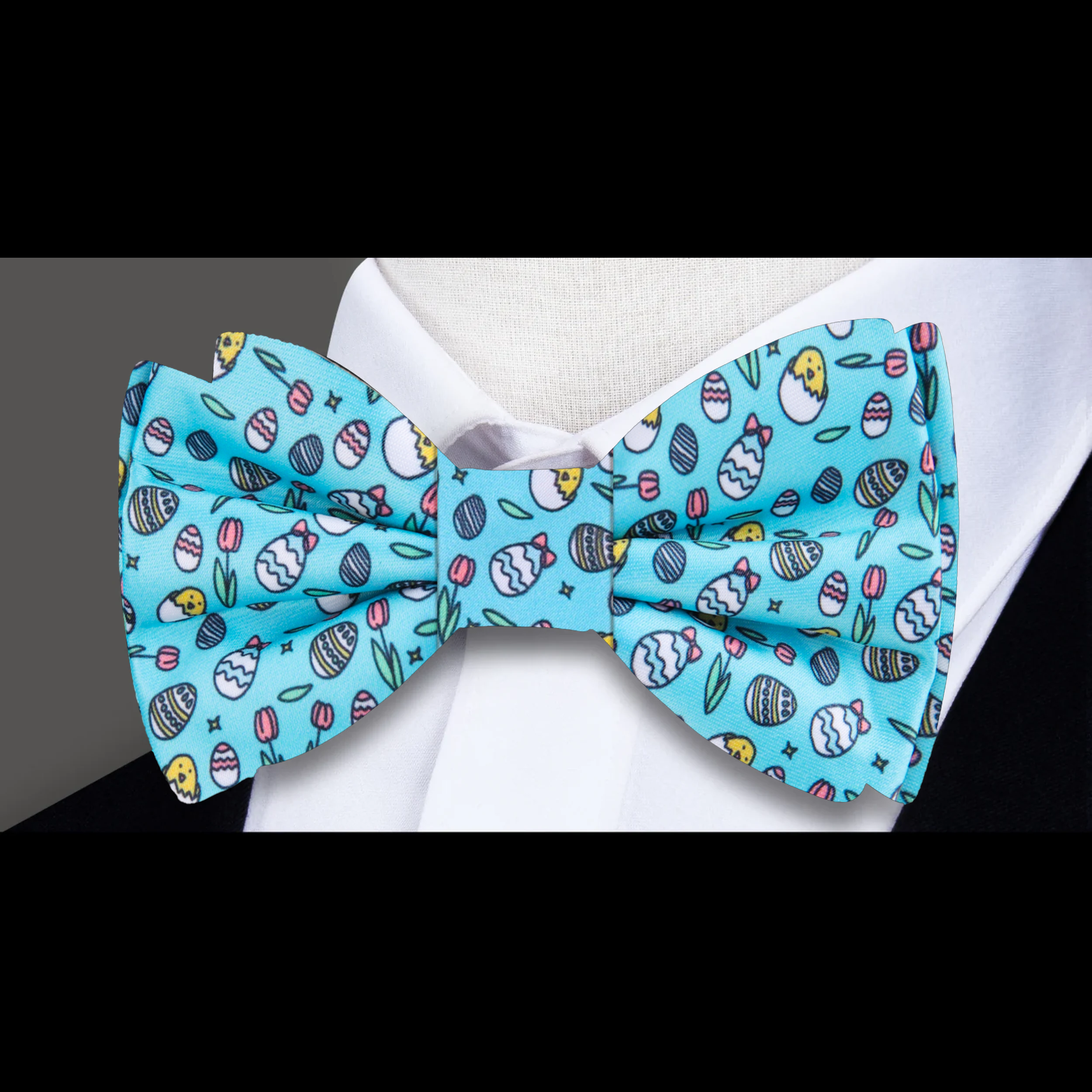 Stylish man wearing a luxury silk bow tie at an Easter celebration.