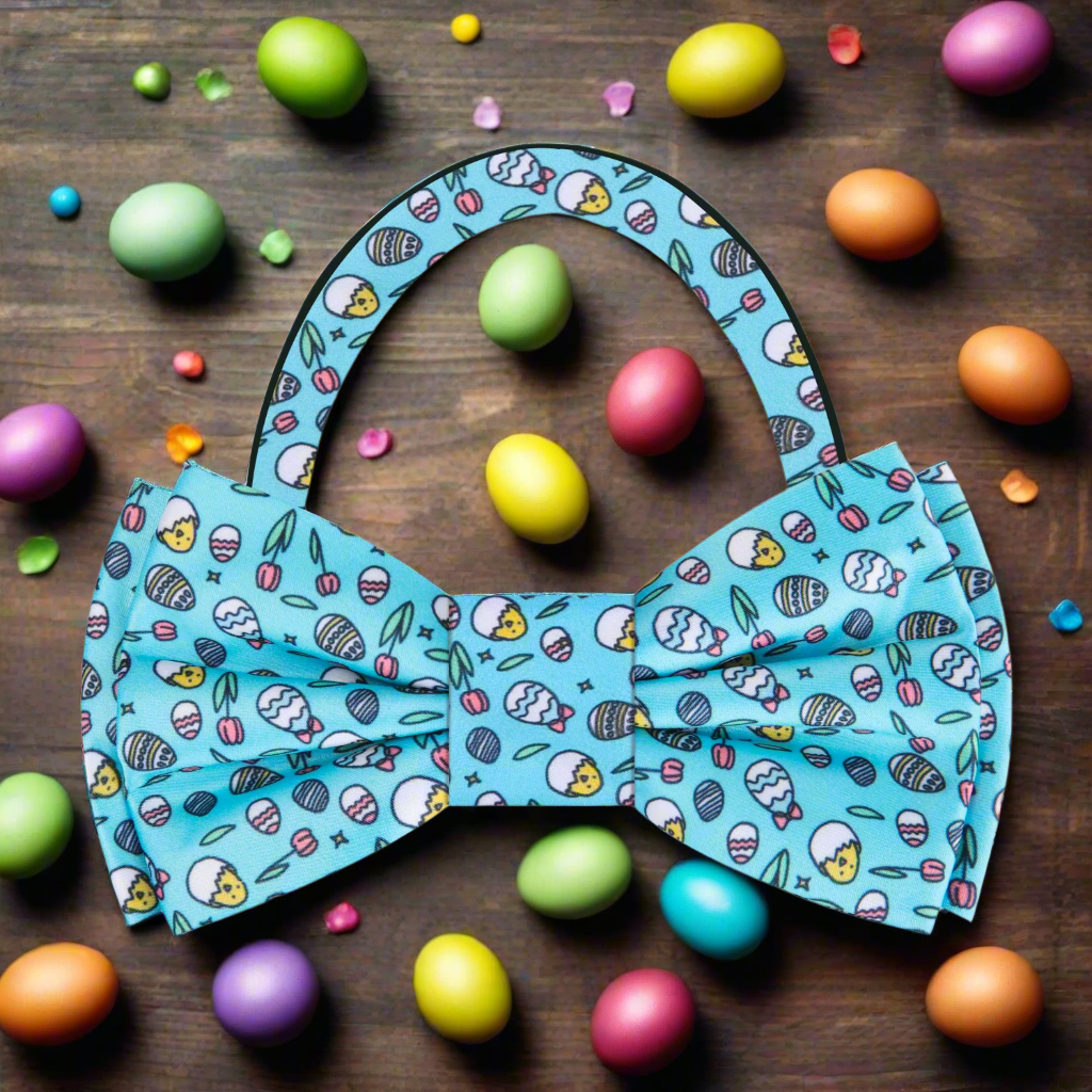 Close-up of the vibrant Easter silk bow tie featuring decorated eggs and tulips.