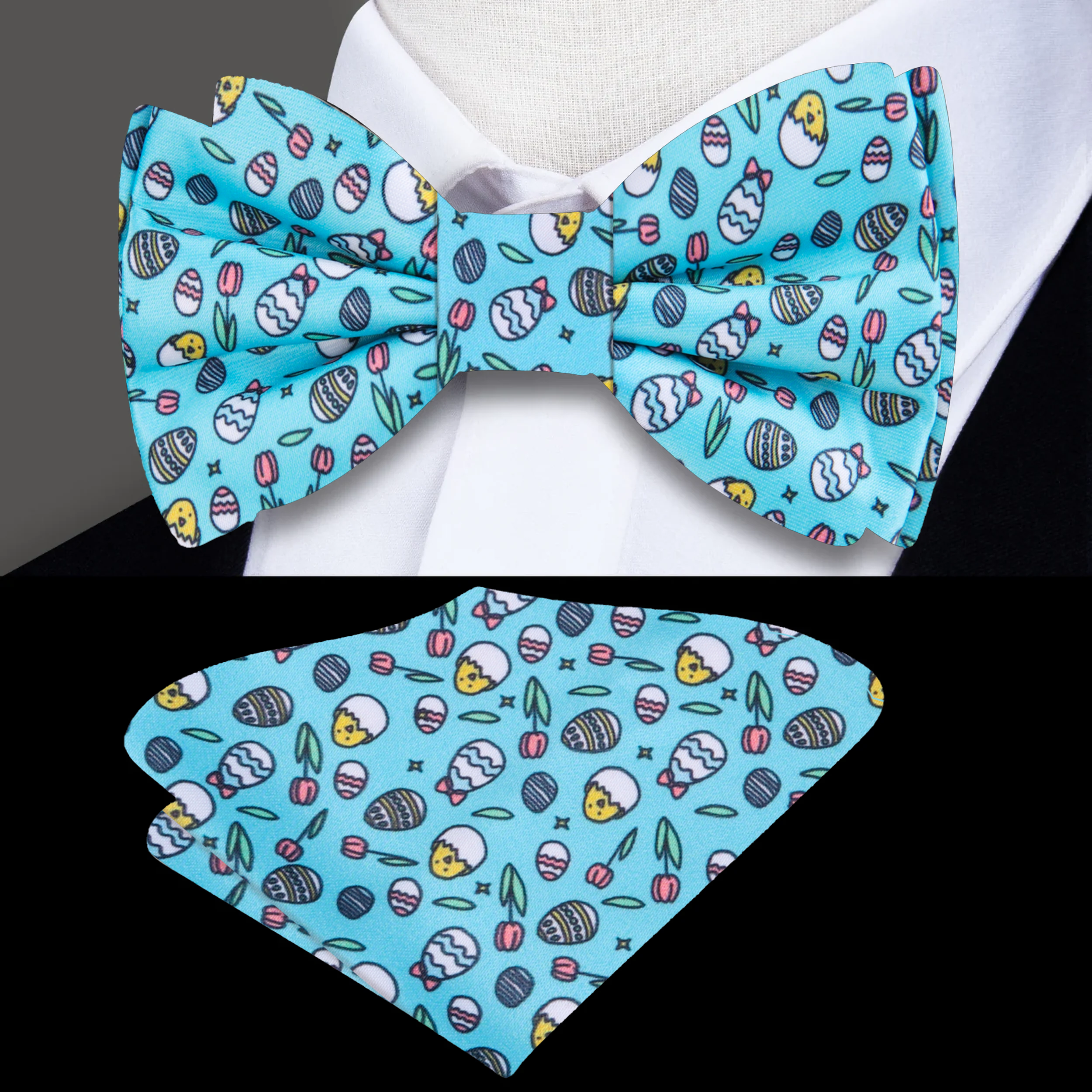 Easter silk bow tie showcased with a light blue dress shirt, perfect for spring weddings.