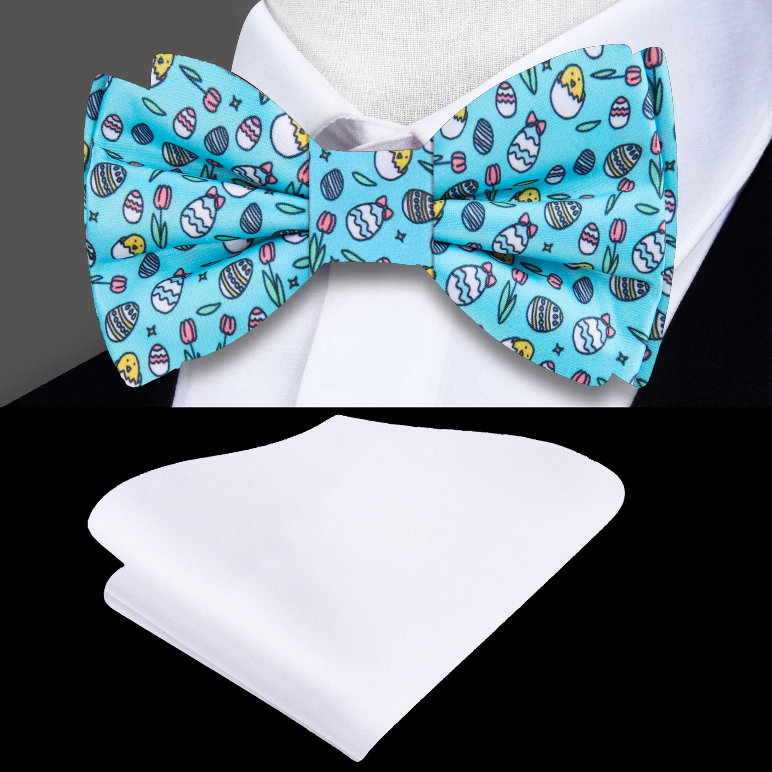 Close-up of the vibrant Easter silk bow tie featuring decorated eggs and tulips.