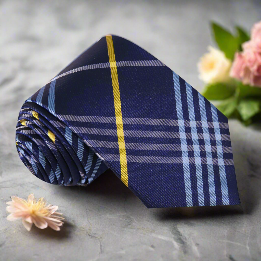 Front view of Eldbourne plaid silk necktie showcasing vibrant plaid pattern
