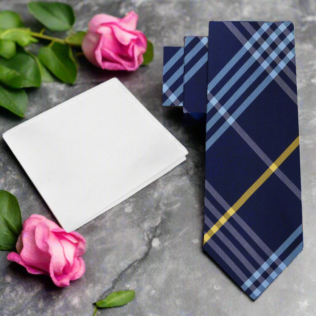 Front view of Eldbourne plaid silk necktie showcasing vibrant plaid pattern