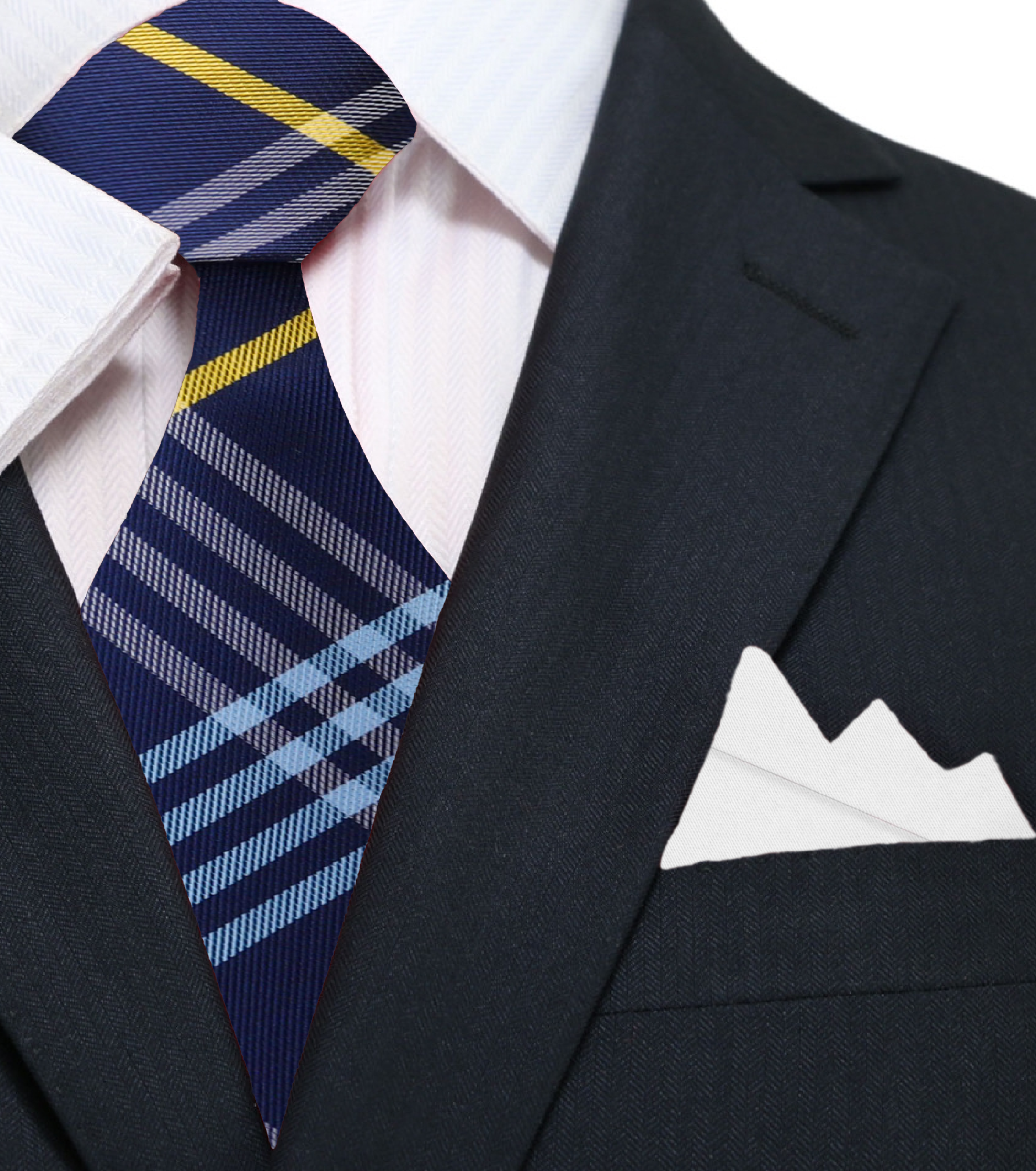 Man wearing the stylish plaid silk tie with a navy suit for a wedding