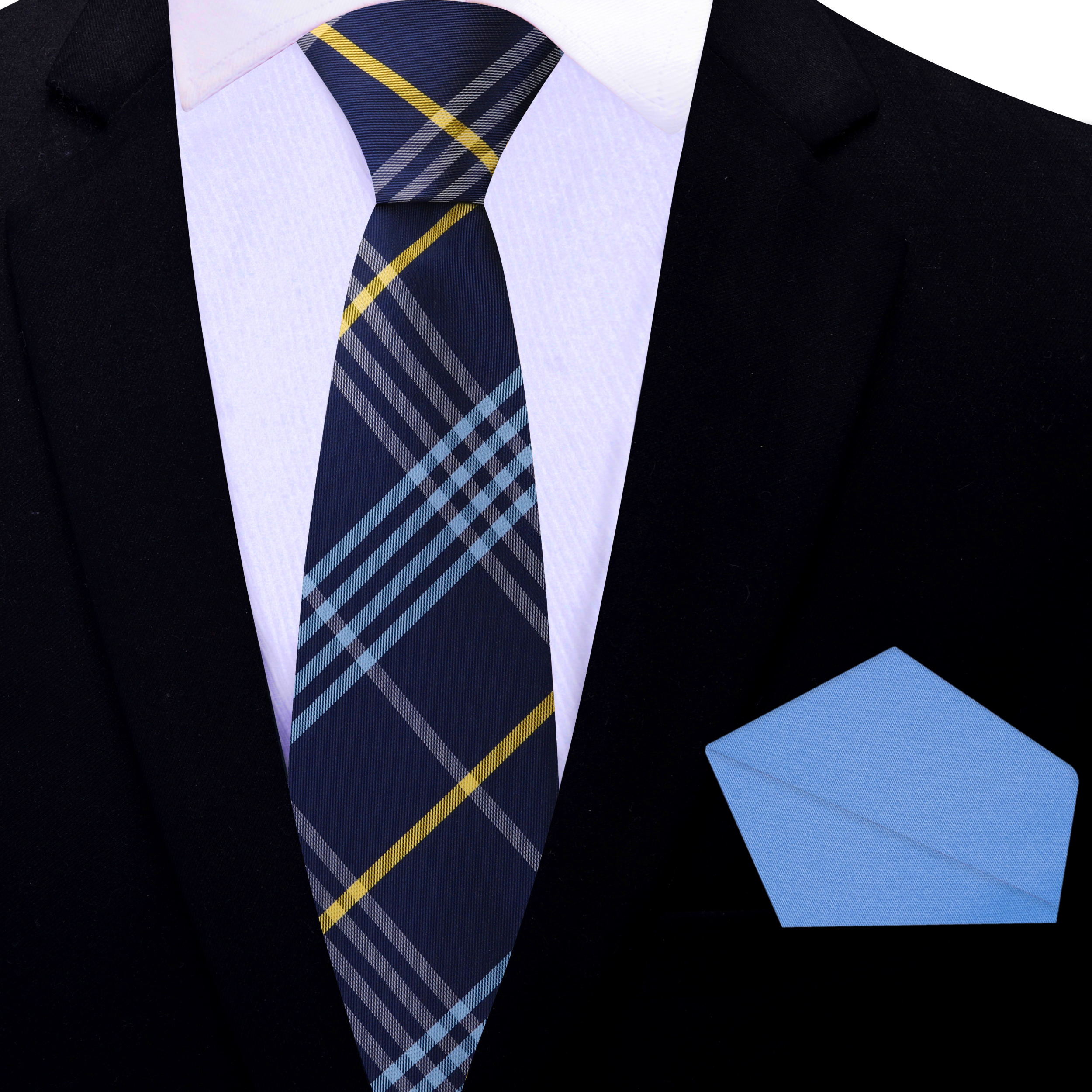 Close-up of the fabric and pattern details of the plaid silk necktie