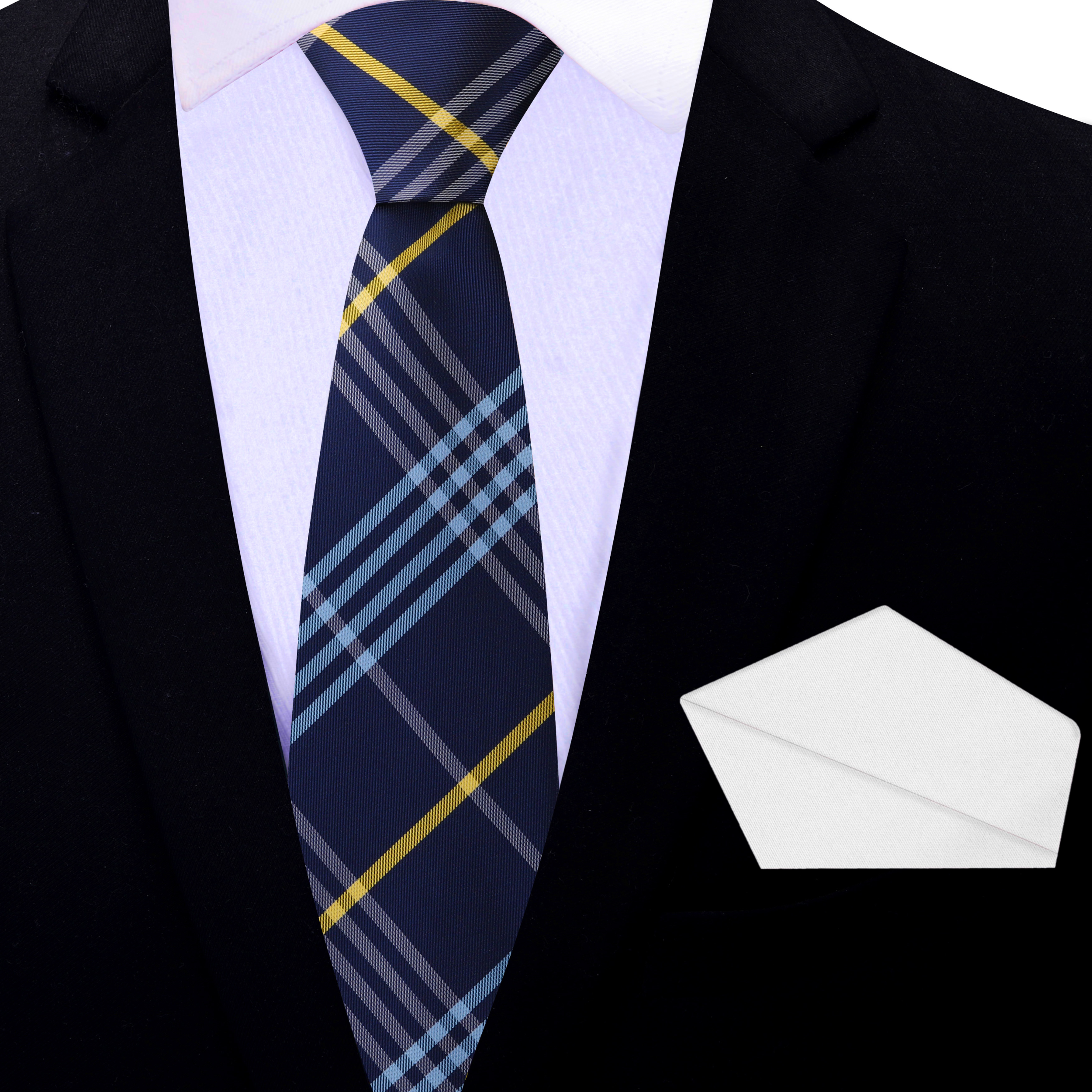Close-up of the fabric and pattern details of the plaid silk necktie