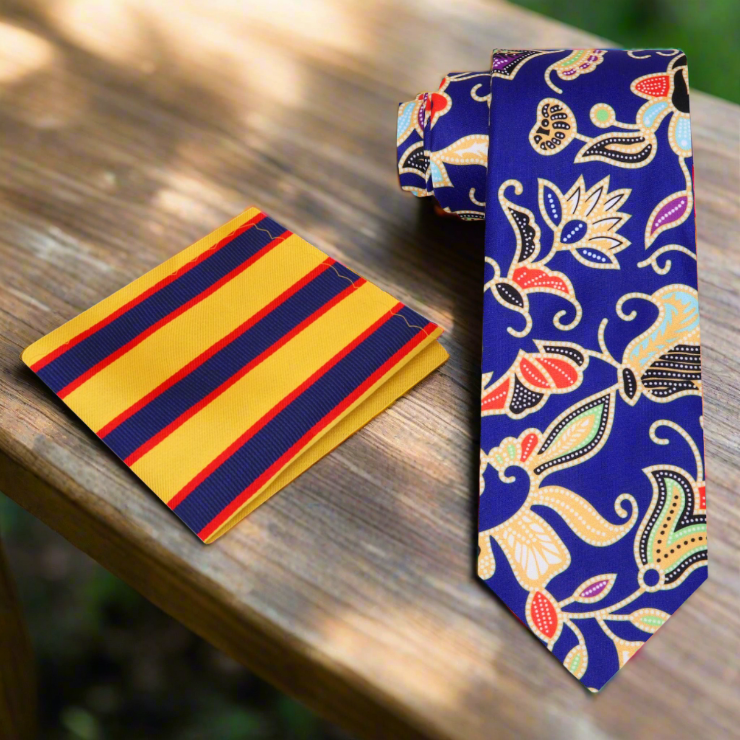 Stylish abstract floral silk tie displayed on a wooden background